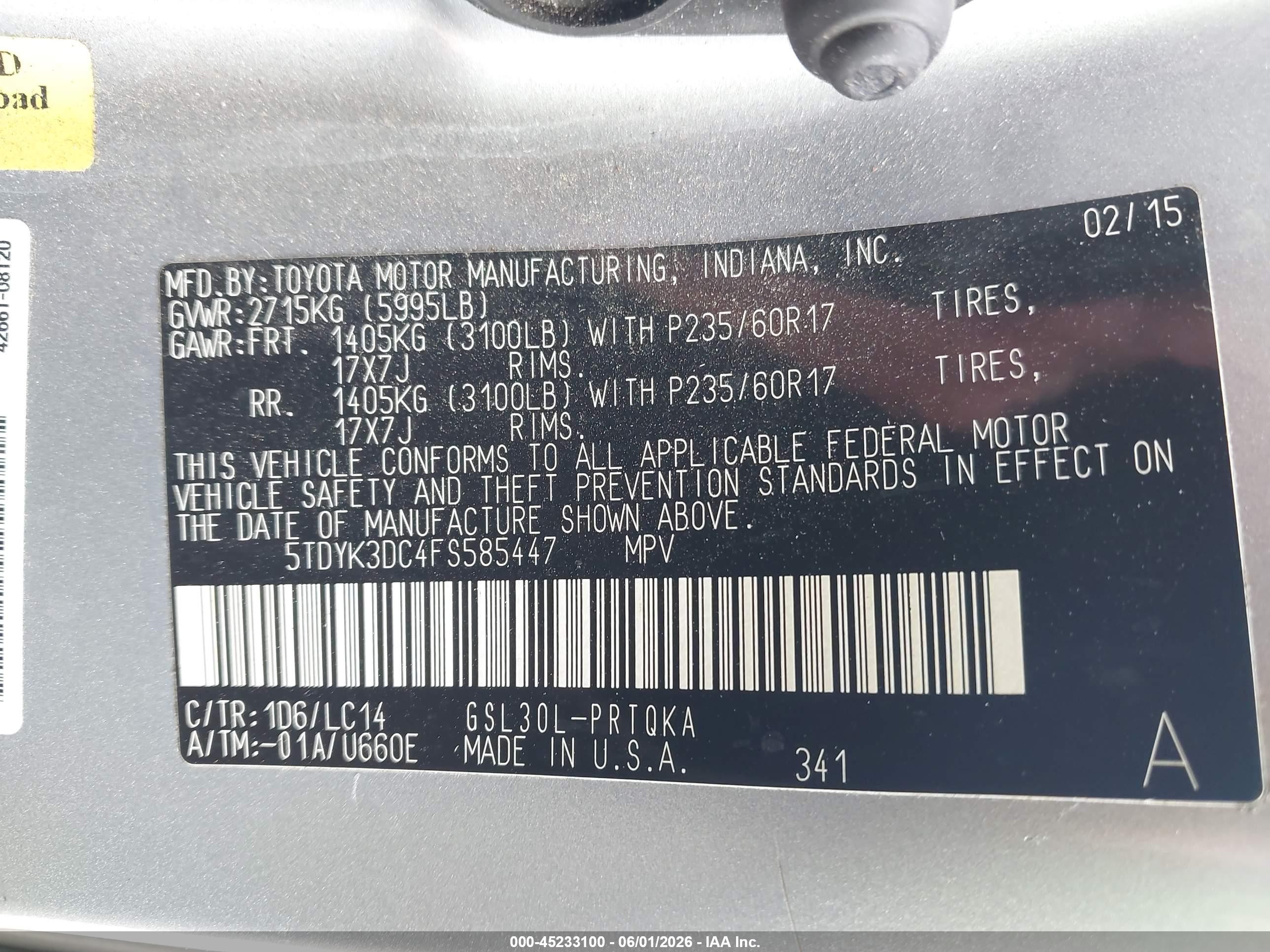 2015 Toyota Sienna Xle 8 Passenger Silver vin: 5TDYK3DC4FS585447