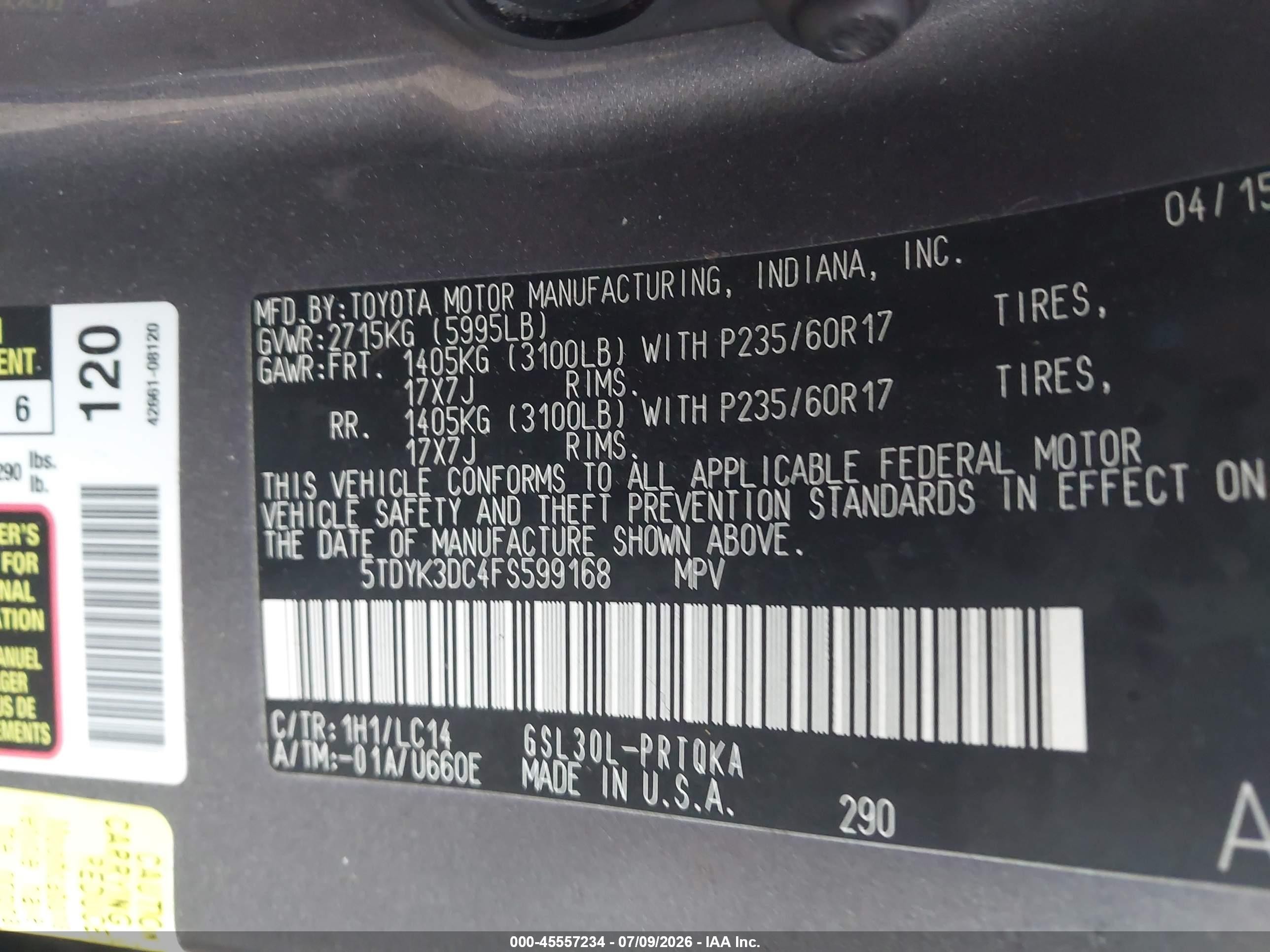 2015 Toyota Sienna Xle 8 Passenger Gray vin: 5TDYK3DC4FS599168