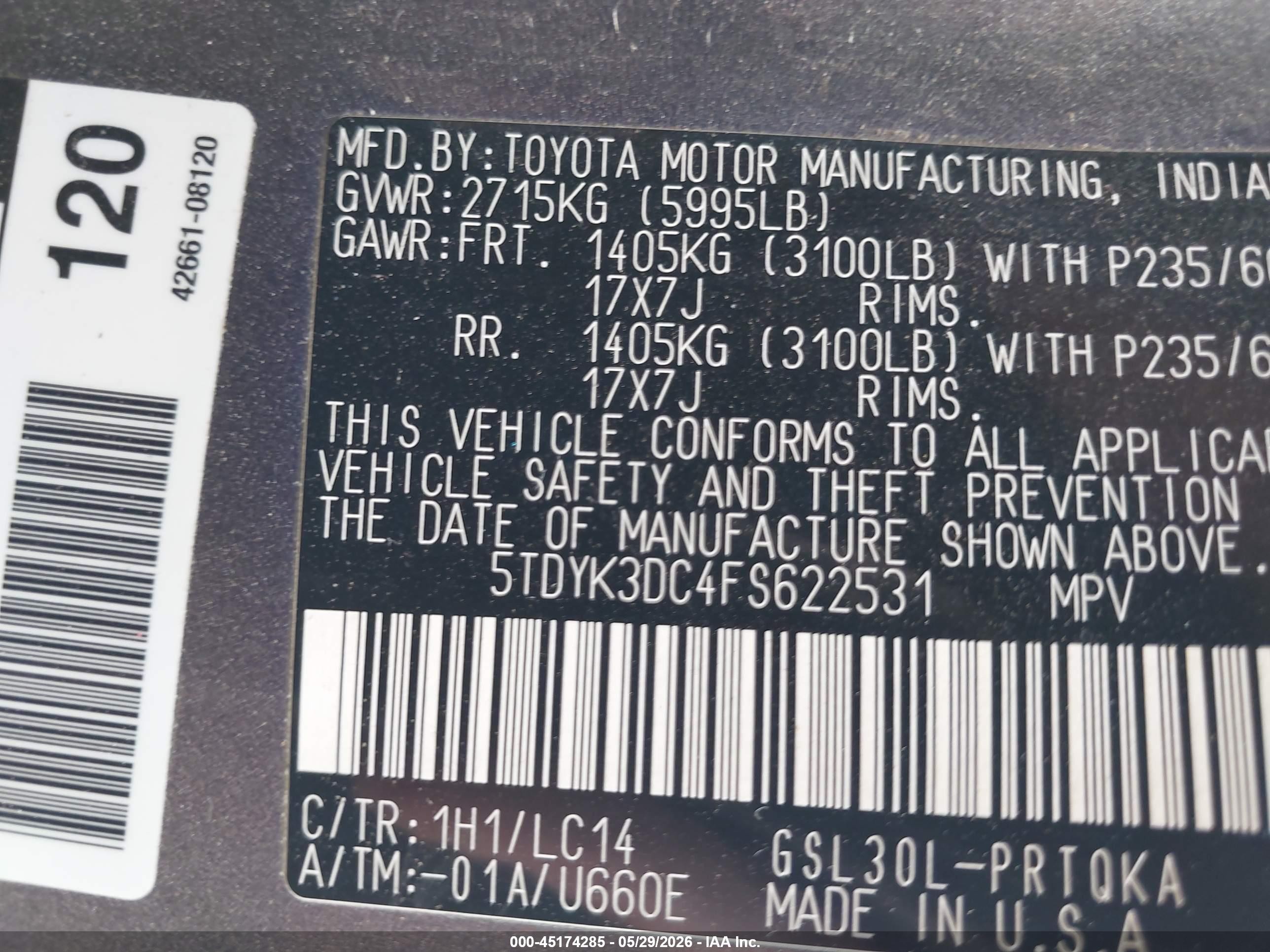 2015 Toyota Sienna Xle Premium 8 Passenger Gray vin: 5TDYK3DC4FS622531