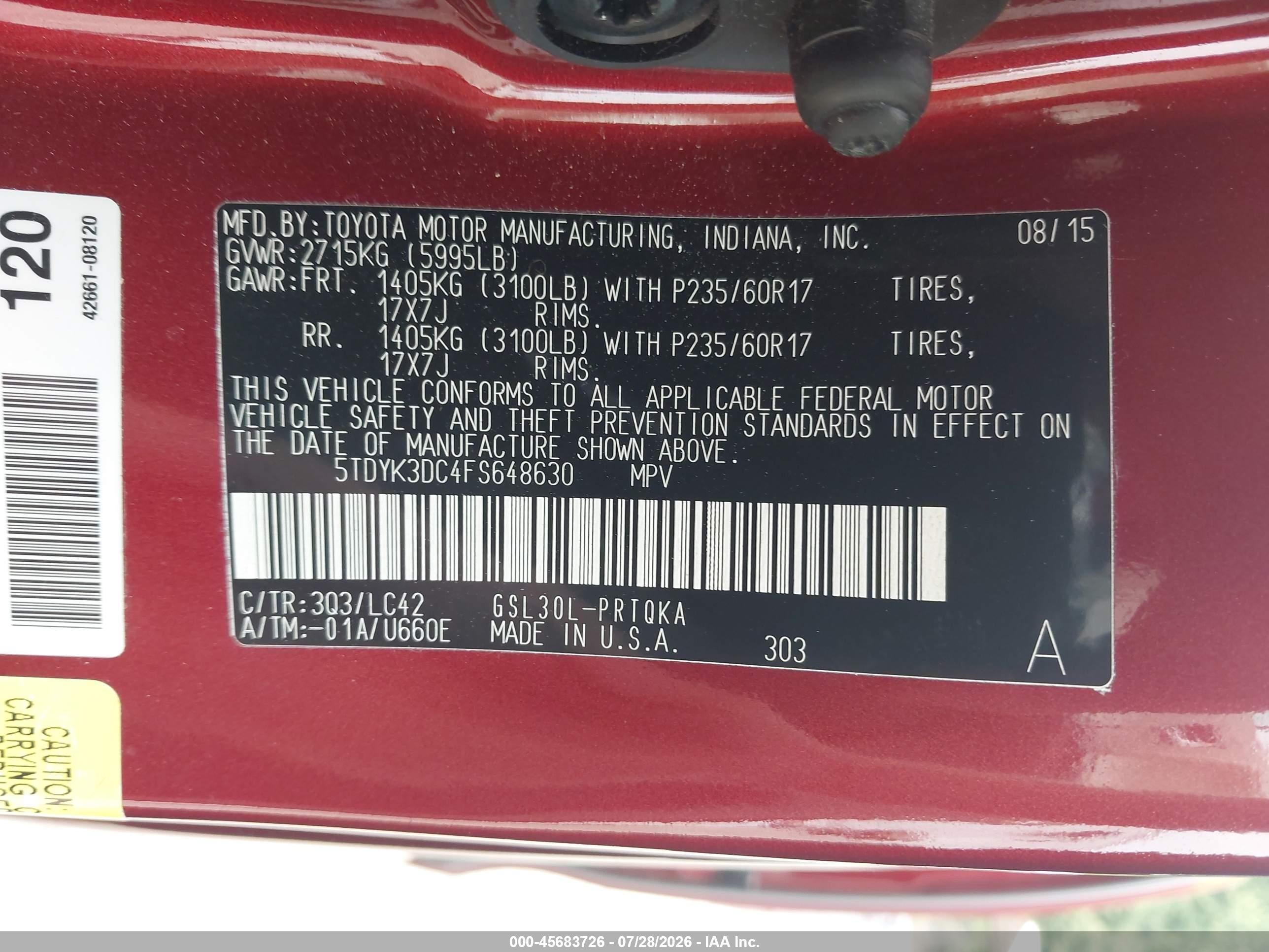 2015 Toyota Sienna Xle 8 Passenger Red vin: 5TDYK3DC4FS648630