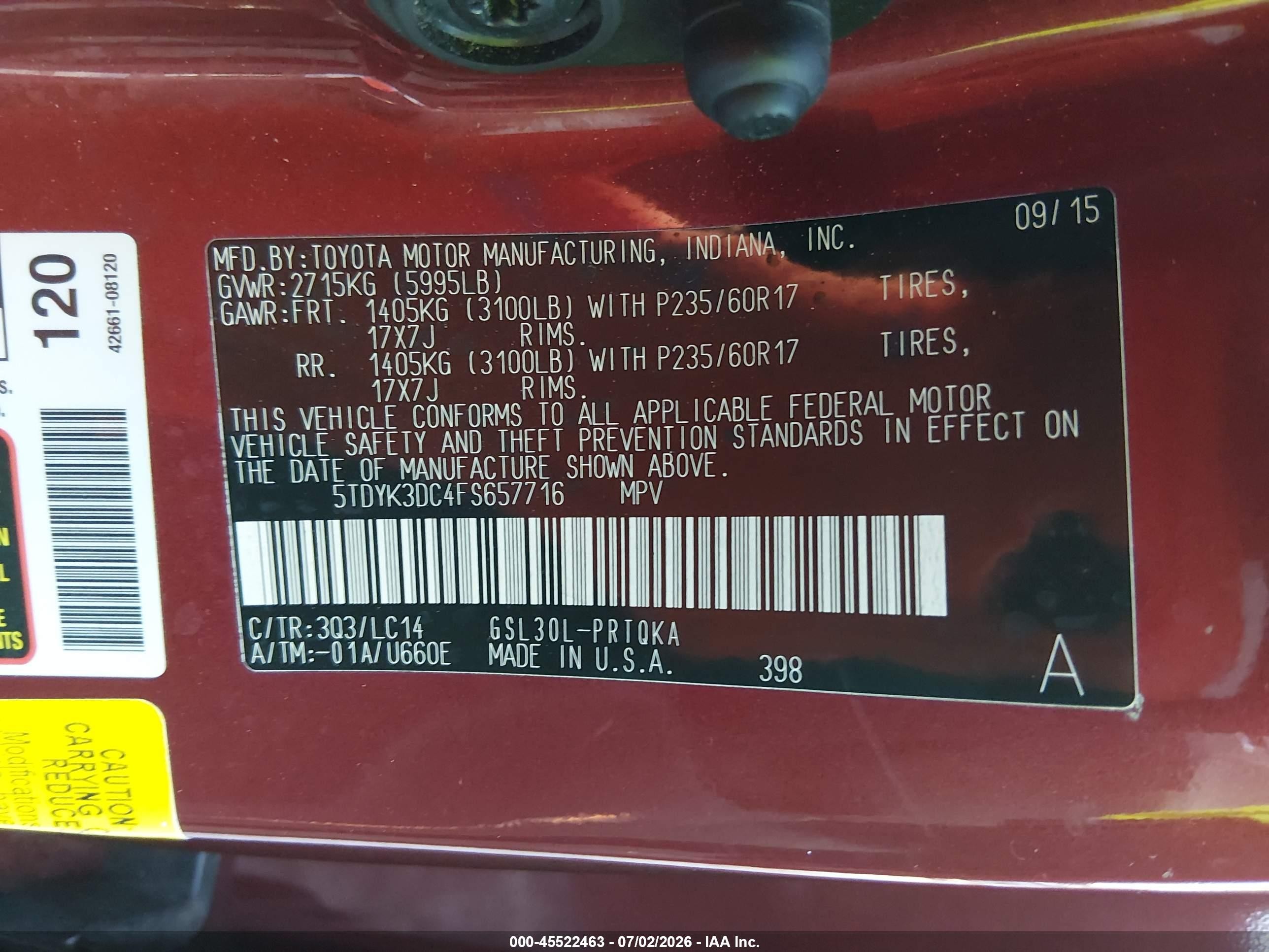 2015 Toyota Sienna Xle 8 Passenger Maroon vin: 5TDYK3DC4FS657716