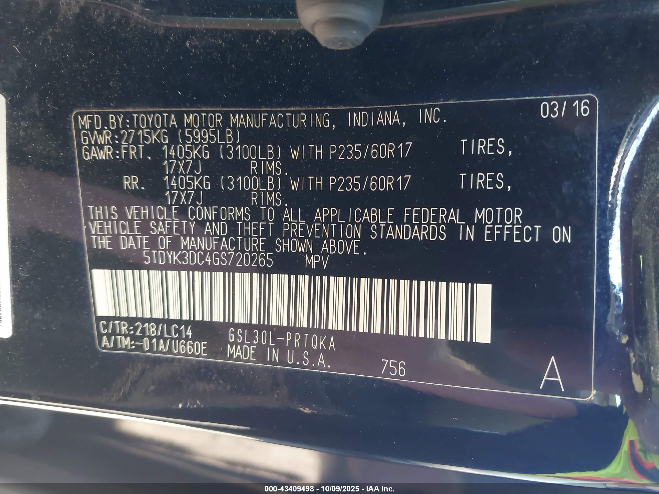 2016 Toyota Sienna Xle/limited Black vin: 5TDYK3DC4GS720265