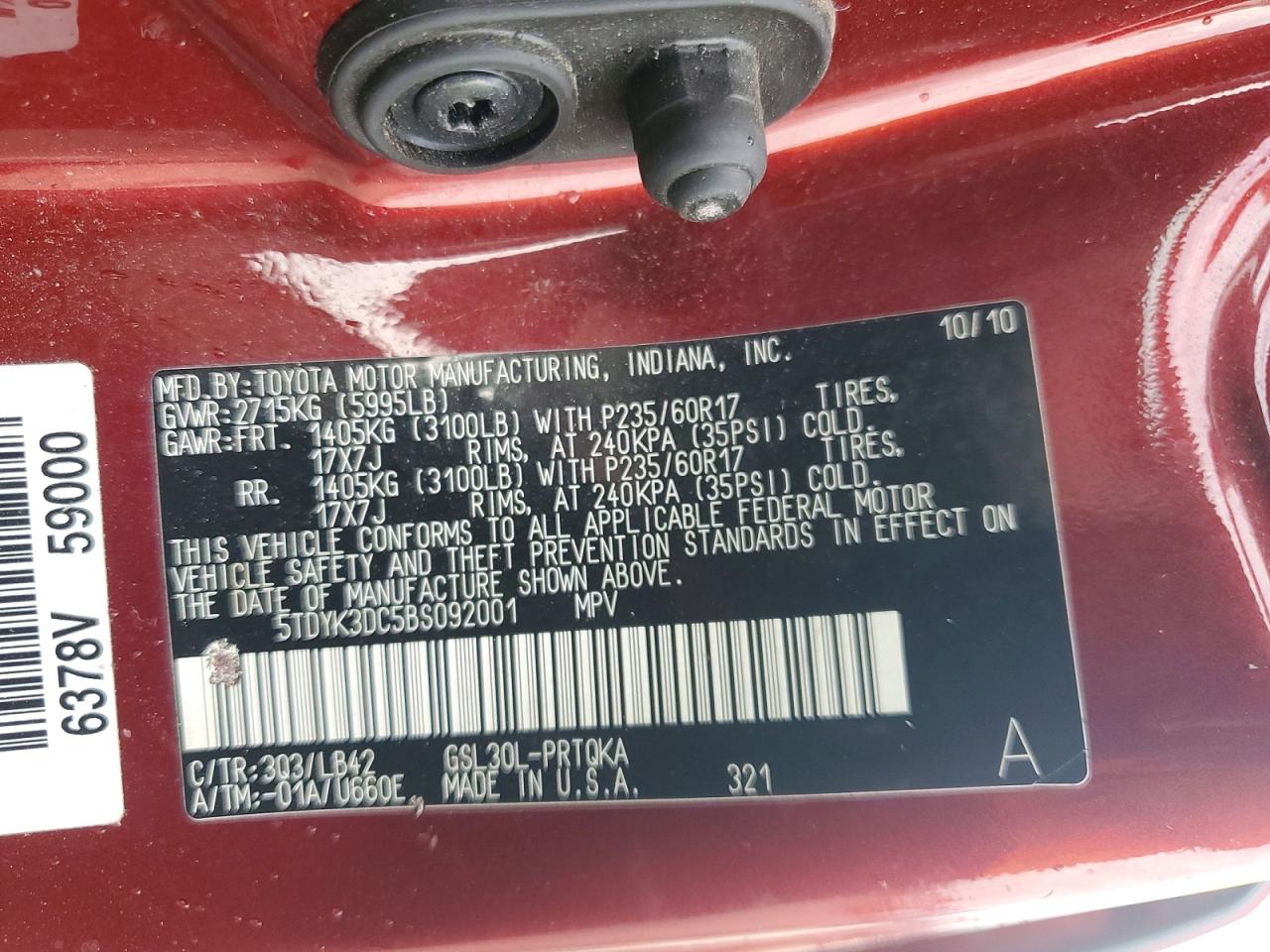 2011 Toyota Sienna Xle 8-passenger Burgundy vin: 5TDYK3DC5BS092001