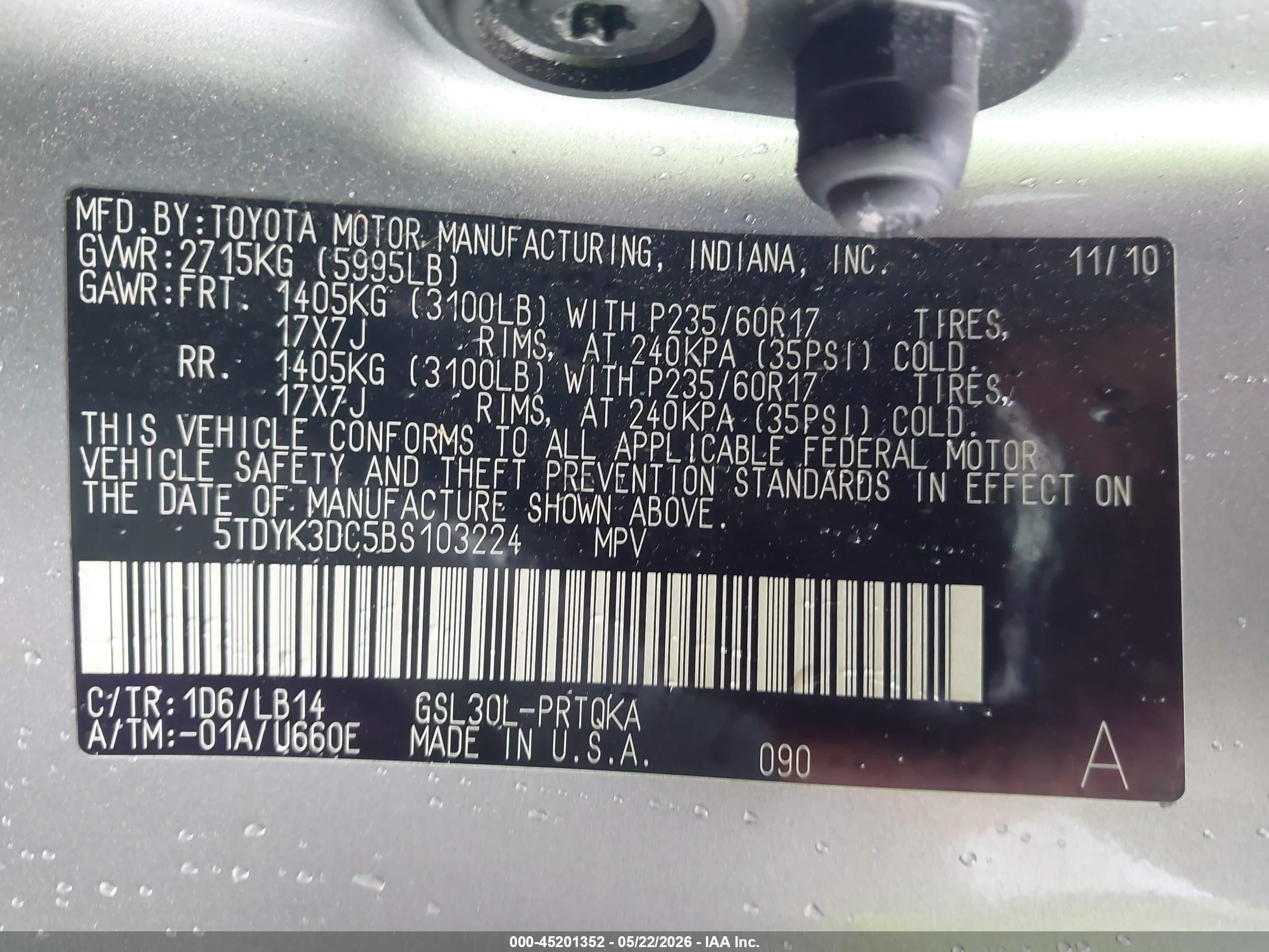 2011 Toyota Sienna Xle V6 Silver vin: 5TDYK3DC5BS103224