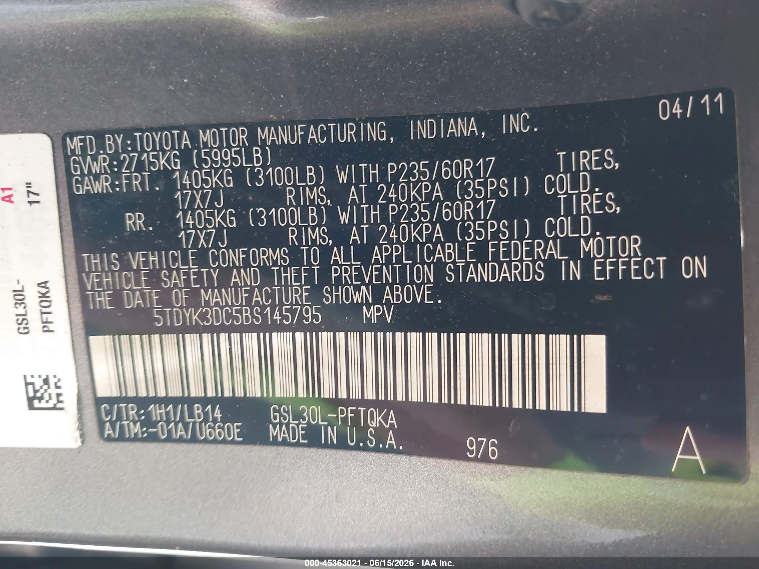 2011 Toyota Sienna Xle V6/xle V6 Auto Access Seat Gray vin: 5TDYK3DC5BS145795