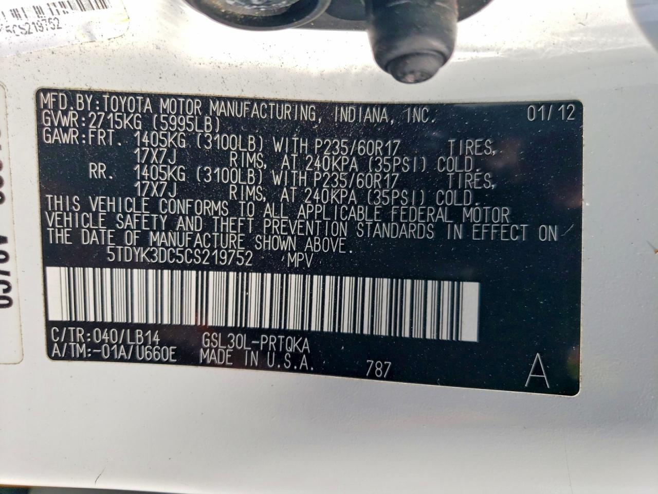2012 Toyota Sienna Xle 8-passenger White vin: 5TDYK3DC5CS219752