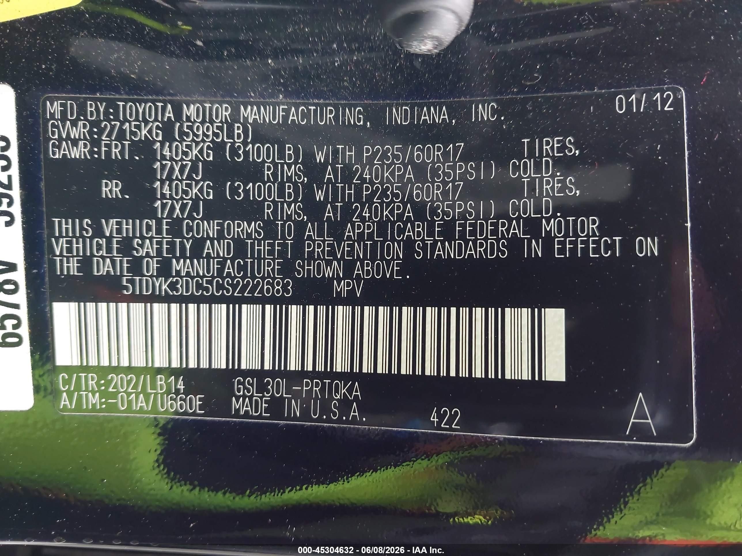 2012 Toyota Sienna Xle V6 8 Passenger Black vin: 5TDYK3DC5CS222683