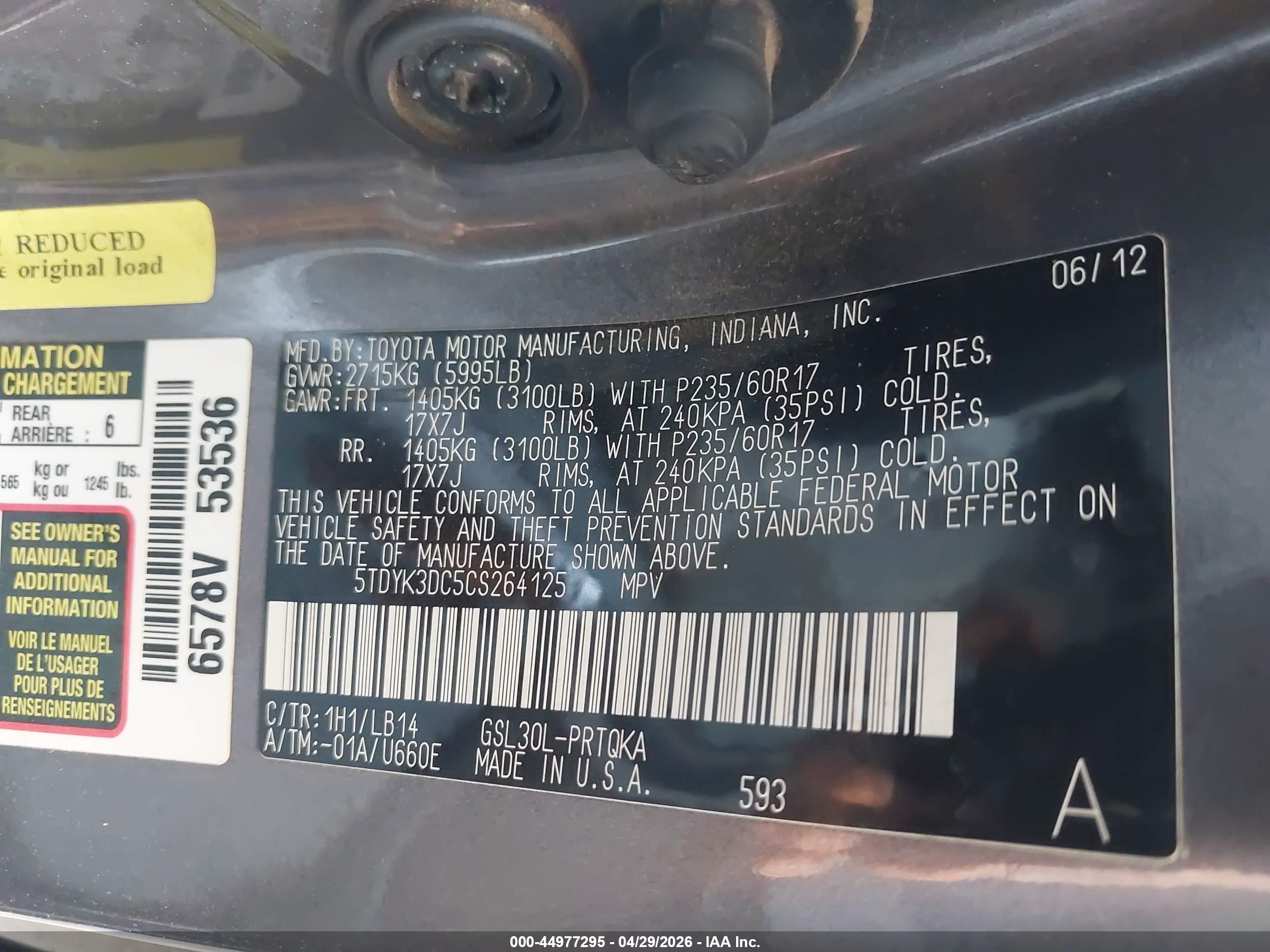 2012 Toyota Sienna Xle V6 8 Passenger Gray vin: 5TDYK3DC5CS264125