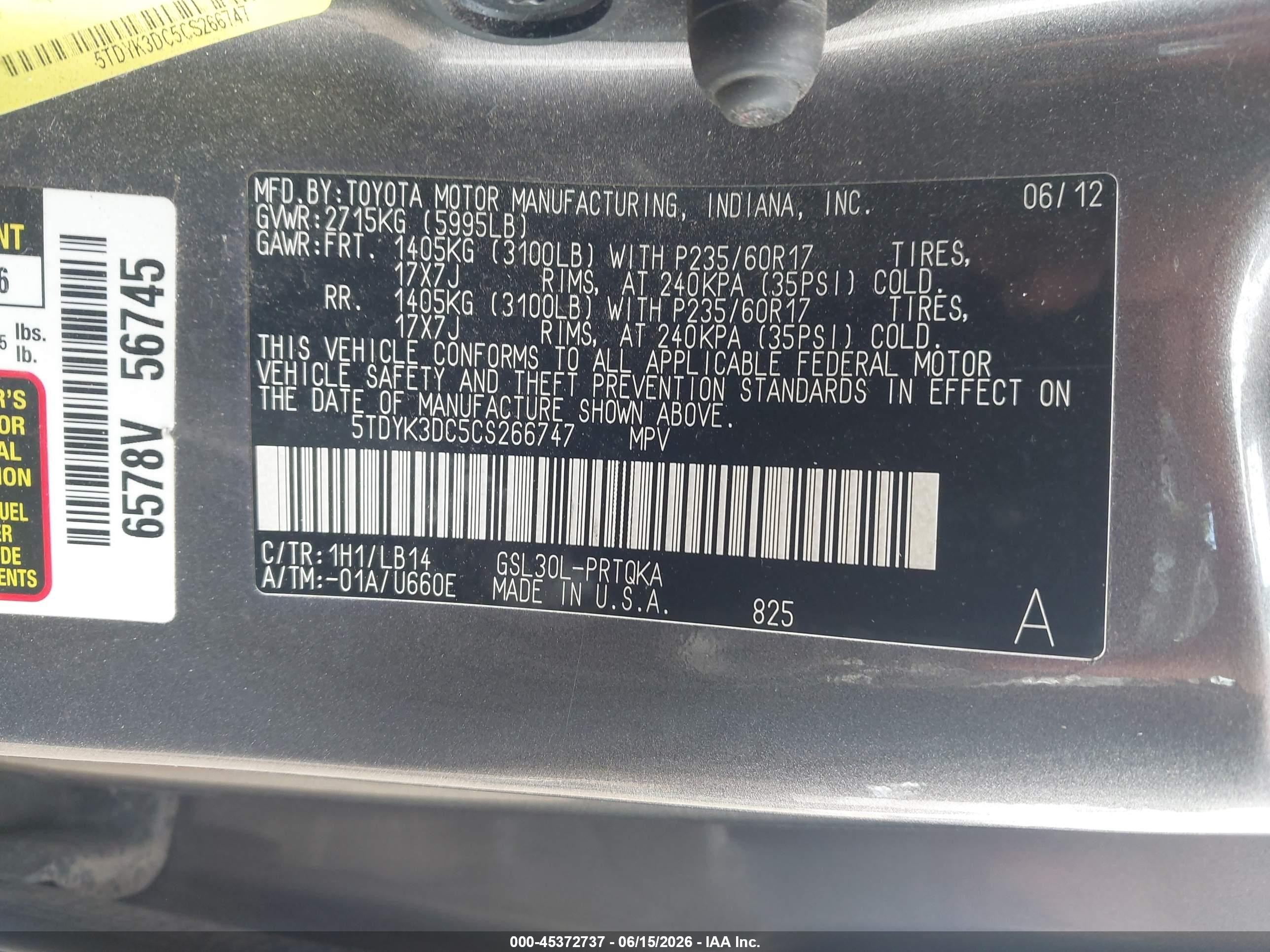 2012 Toyota Sienna Xle V6 8 Passenger Gray vin: 5TDYK3DC5CS266747