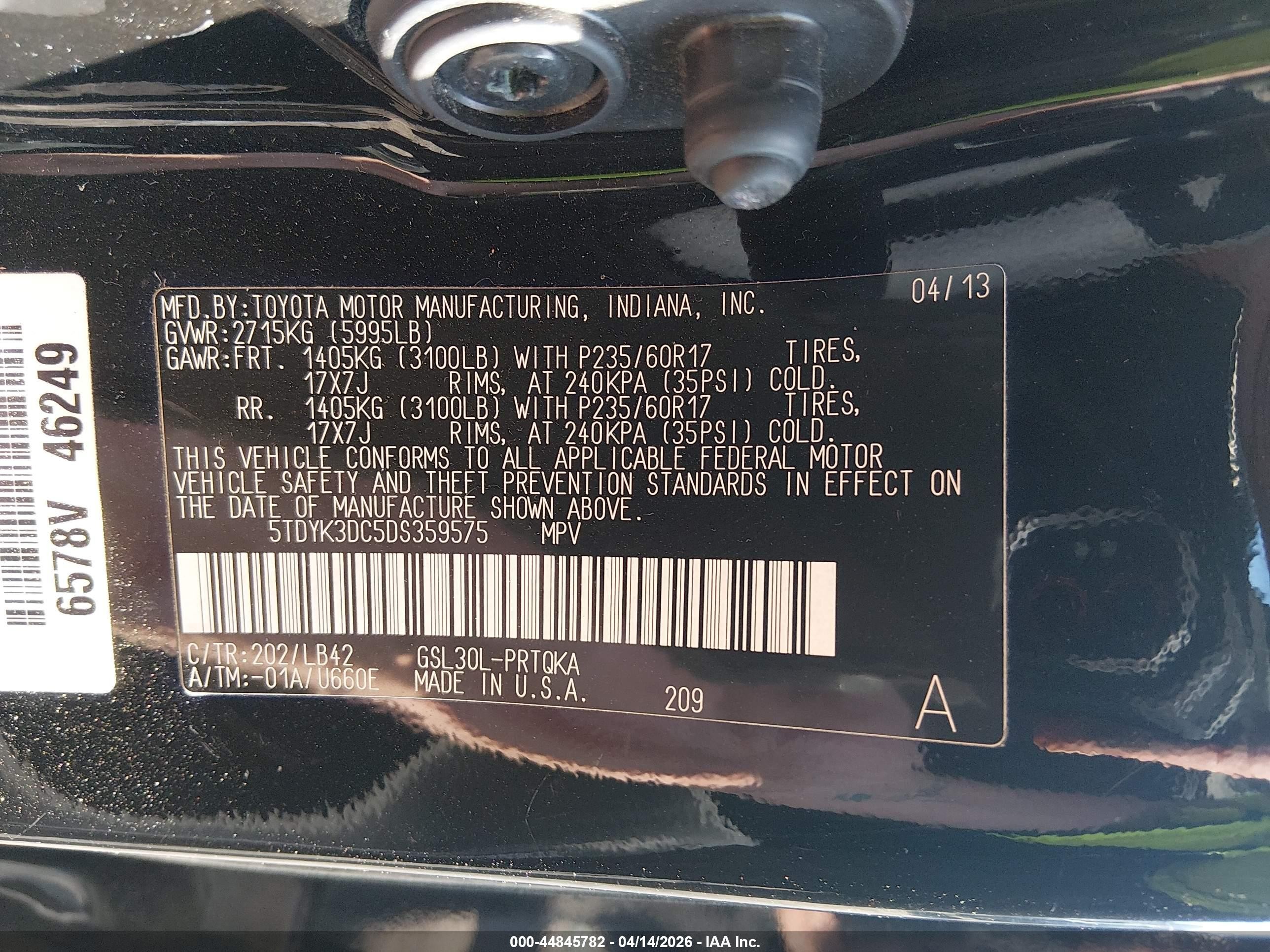 2013 Toyota Sienna Xle V6 8 Passenger Black vin: 5TDYK3DC5DS359575