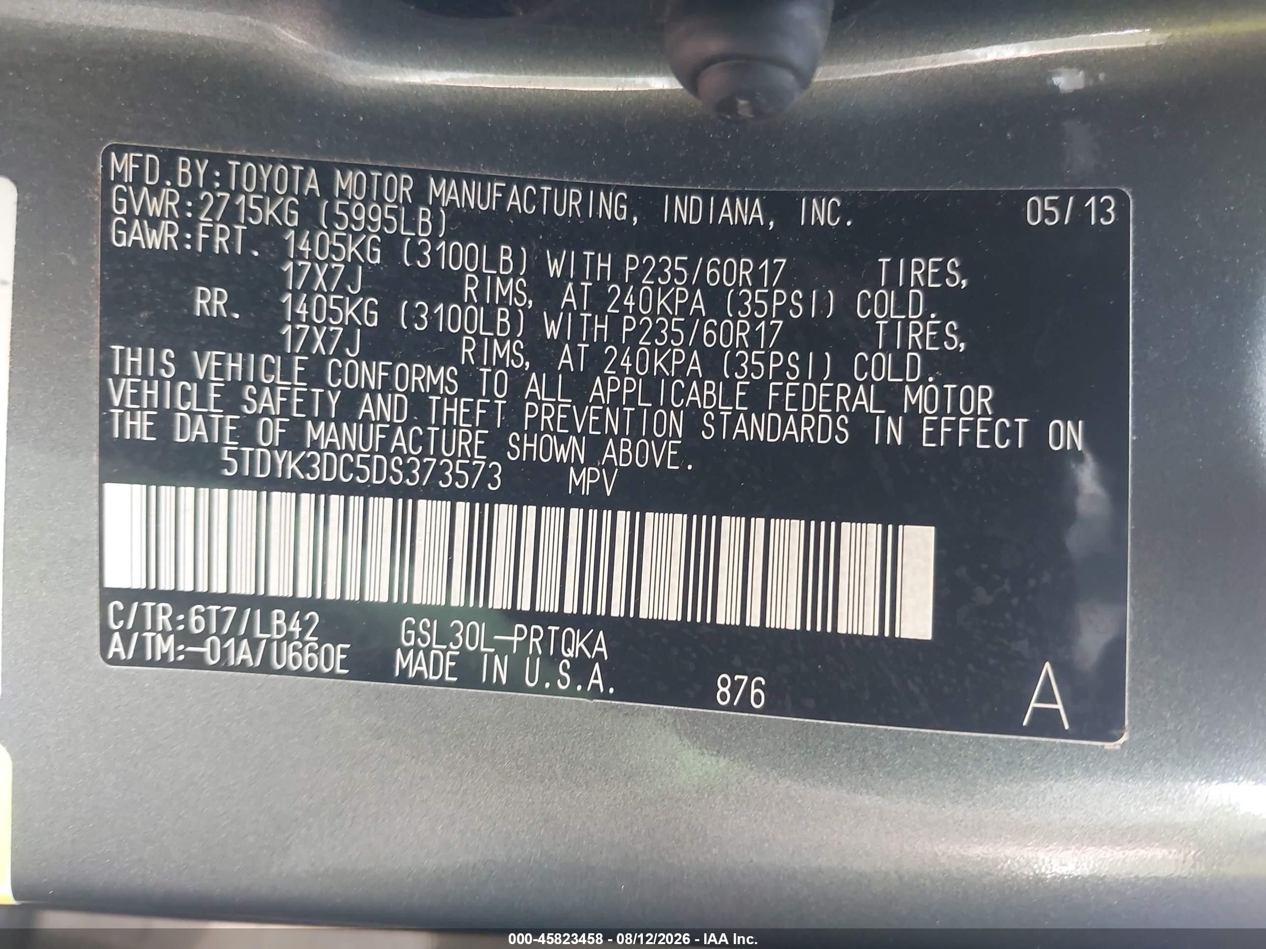 2013 Toyota Sienna Xle V6 8 Passenger Серый vin: 5TDYK3DC5DS373573