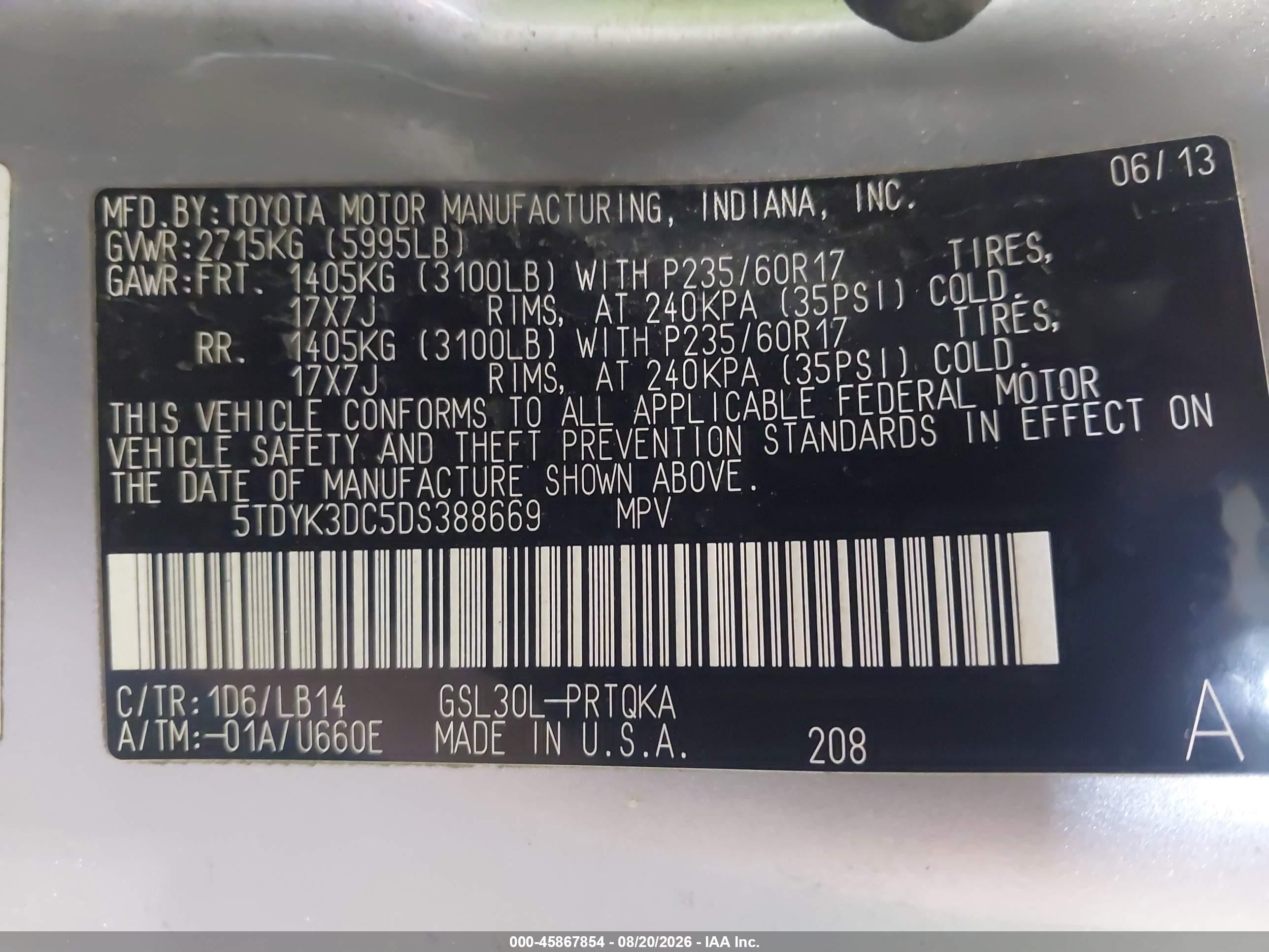 2013 Toyota Sienna Xle V6 8 Passenger Gray vin: 5TDYK3DC5DS388669