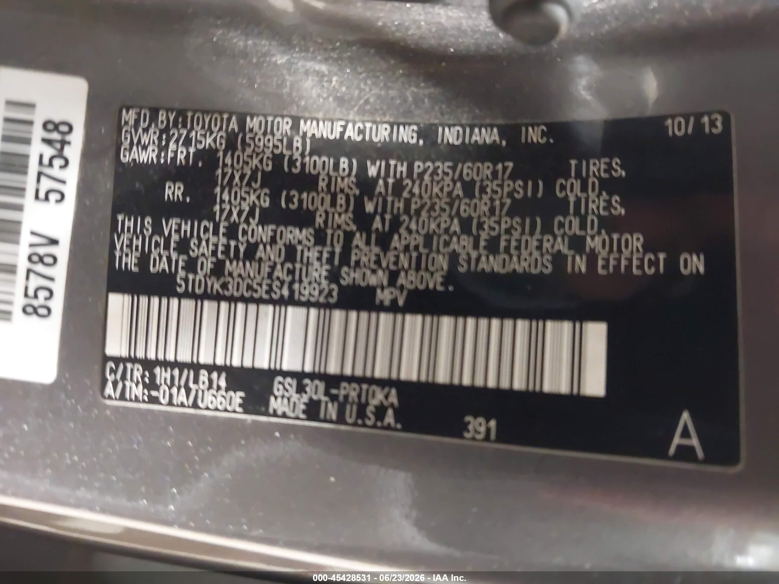 2014 Toyota Sienna Xle V6 8 Passenger Gray vin: 5TDYK3DC5ES419923