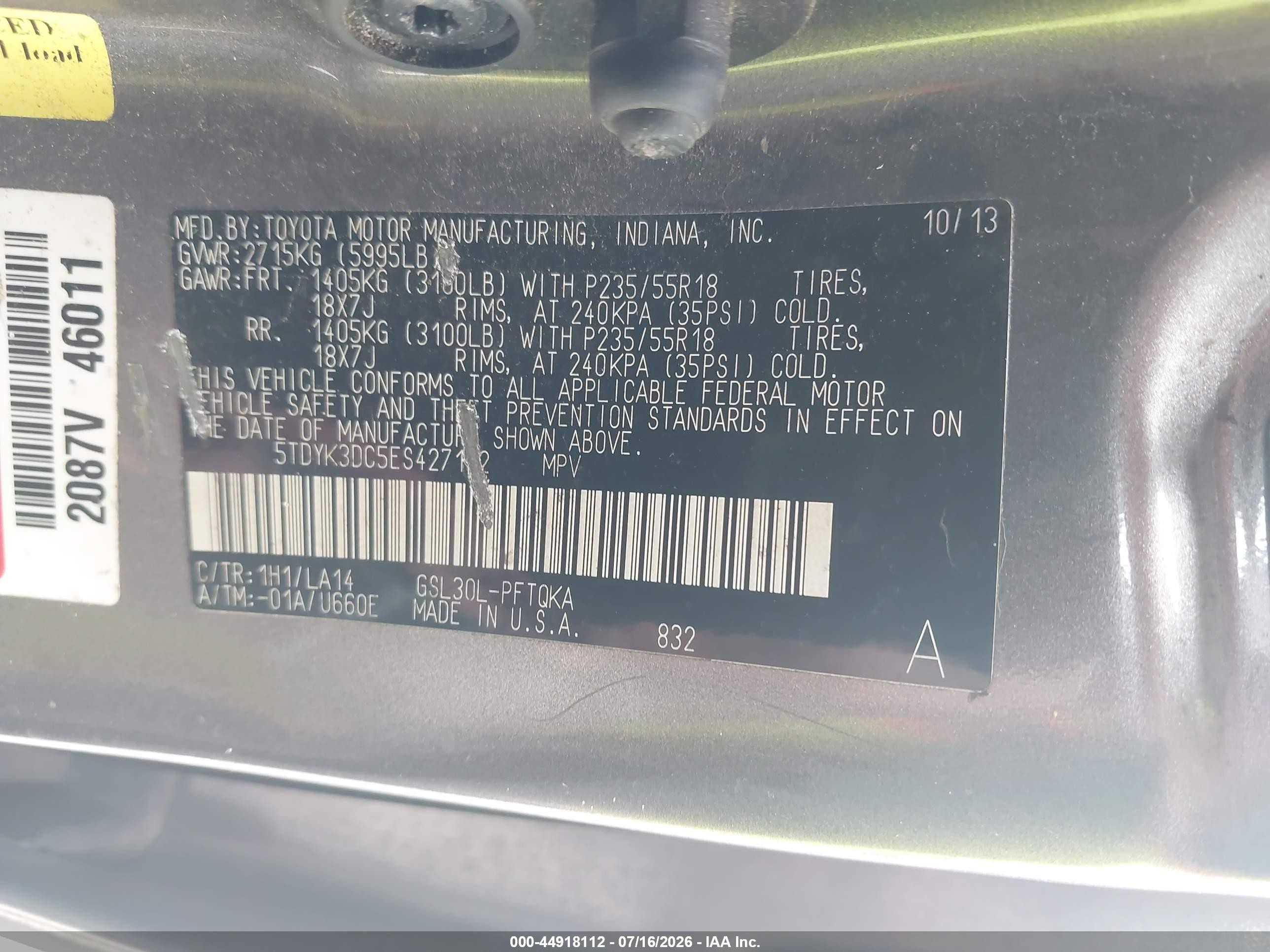 2014 Toyota Sienna Limited V6 7 Passenger Gray vin: 5TDYK3DC5ES427102
