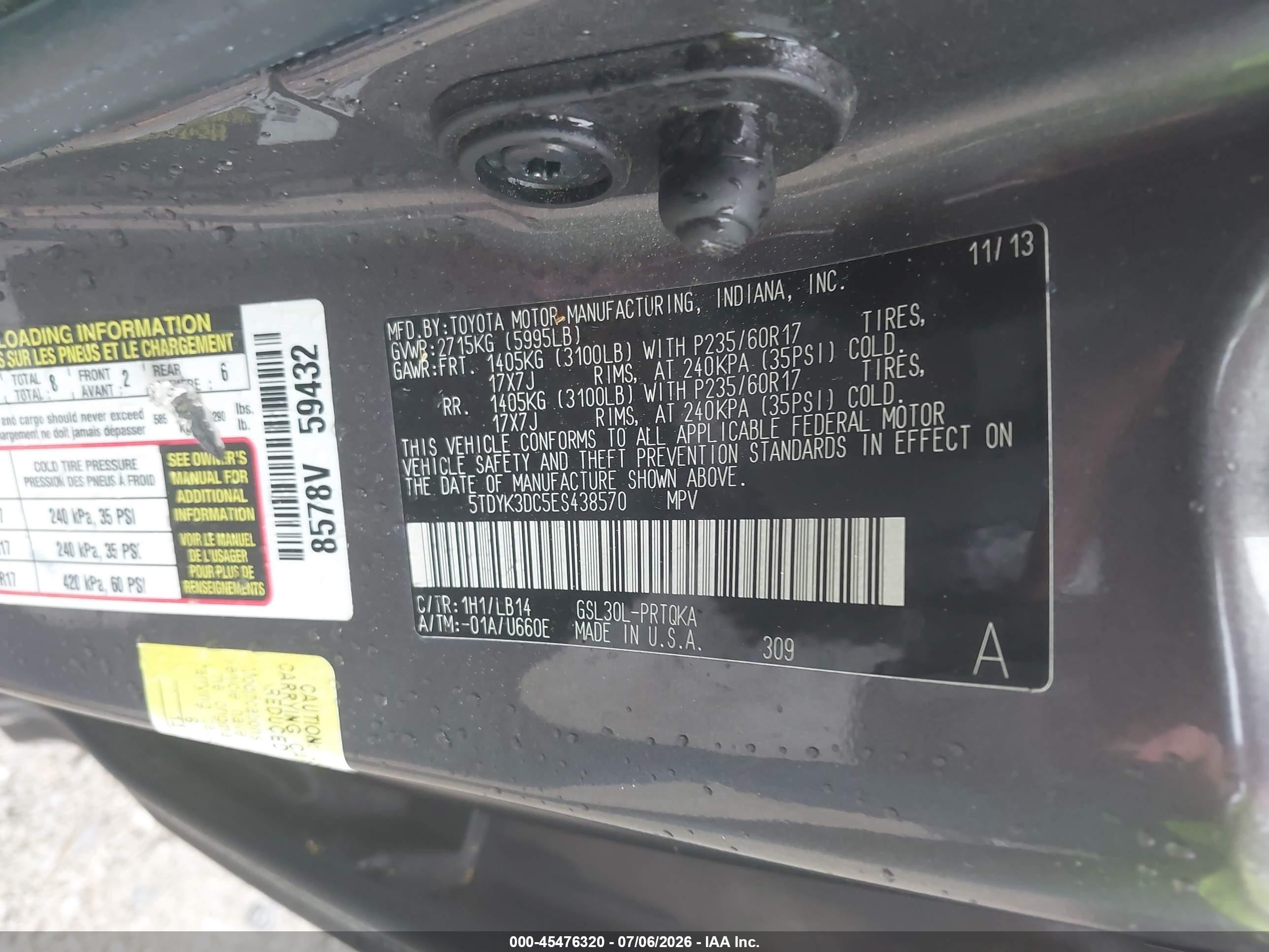 2014 Toyota Sienna Xle V6 8 Passenger Gray vin: 5TDYK3DC5ES438570