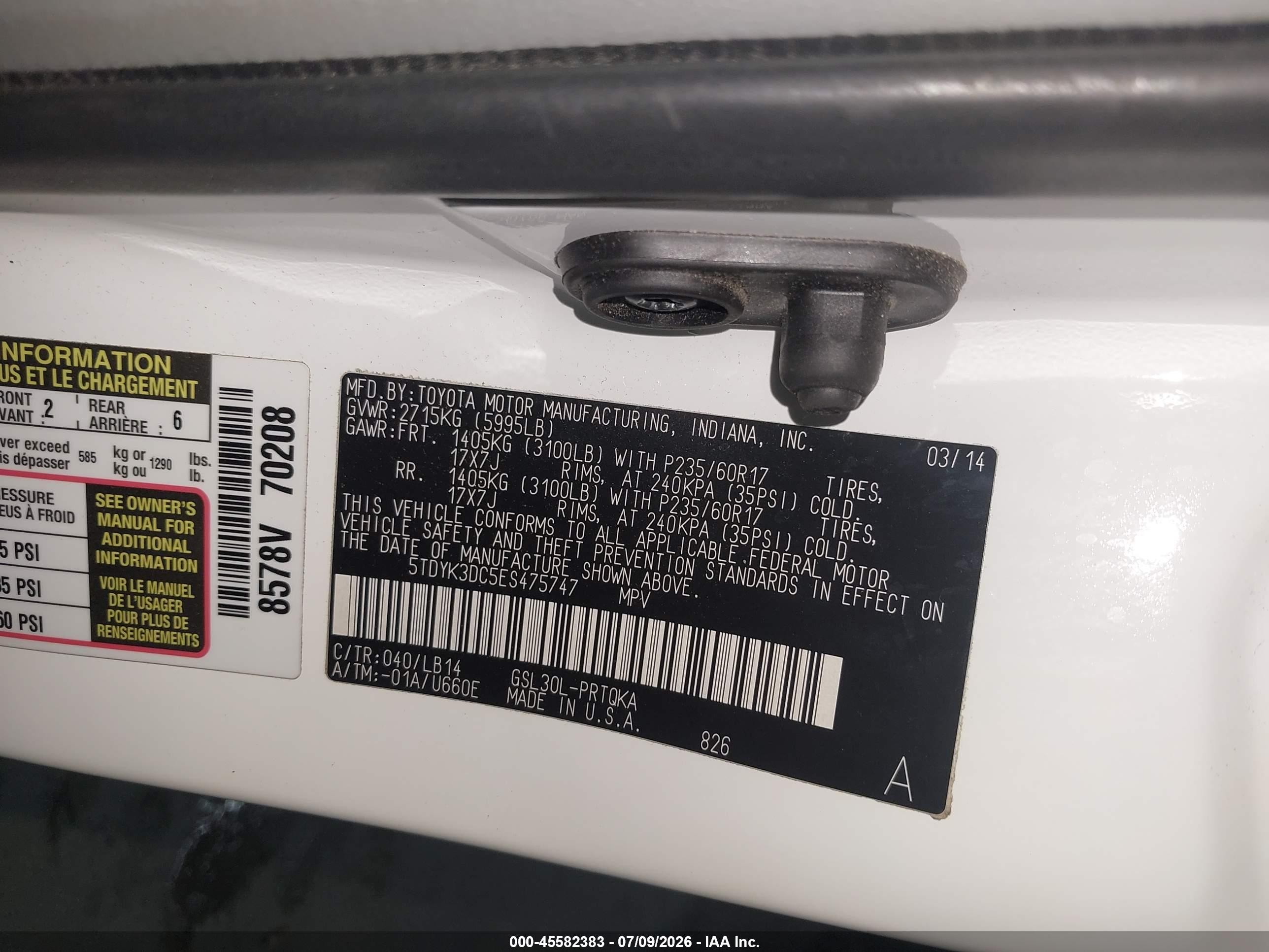 2014 Toyota Sienna Xle V6 8 Passenger White vin: 5TDYK3DC5ES475747