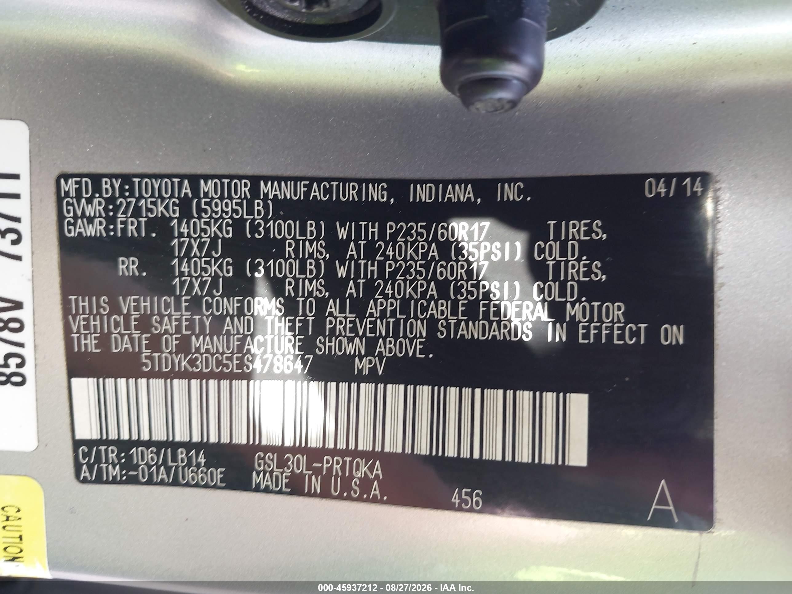 2014 Toyota Sienna Xle V6 8 Passenger Silver vin: 5TDYK3DC5ES478647