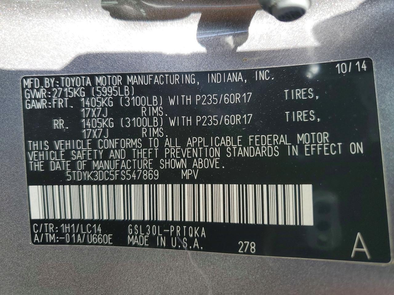 2015 Toyota Sienna Xle 8-passenger Gray vin: 5TDYK3DC5FS547869