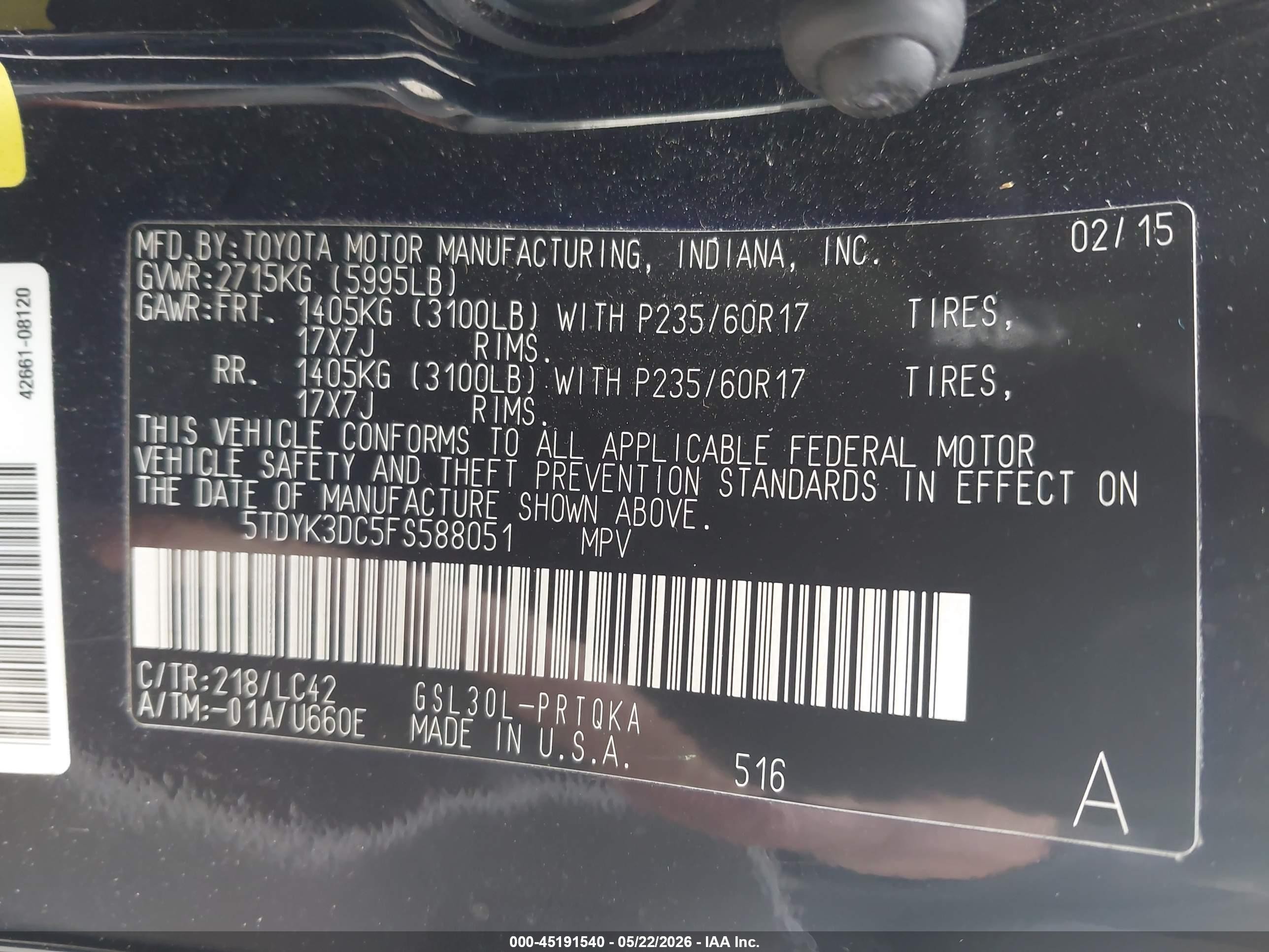 2015 Toyota Sienna Xle 8 Passenger Black vin: 5TDYK3DC5FS588051