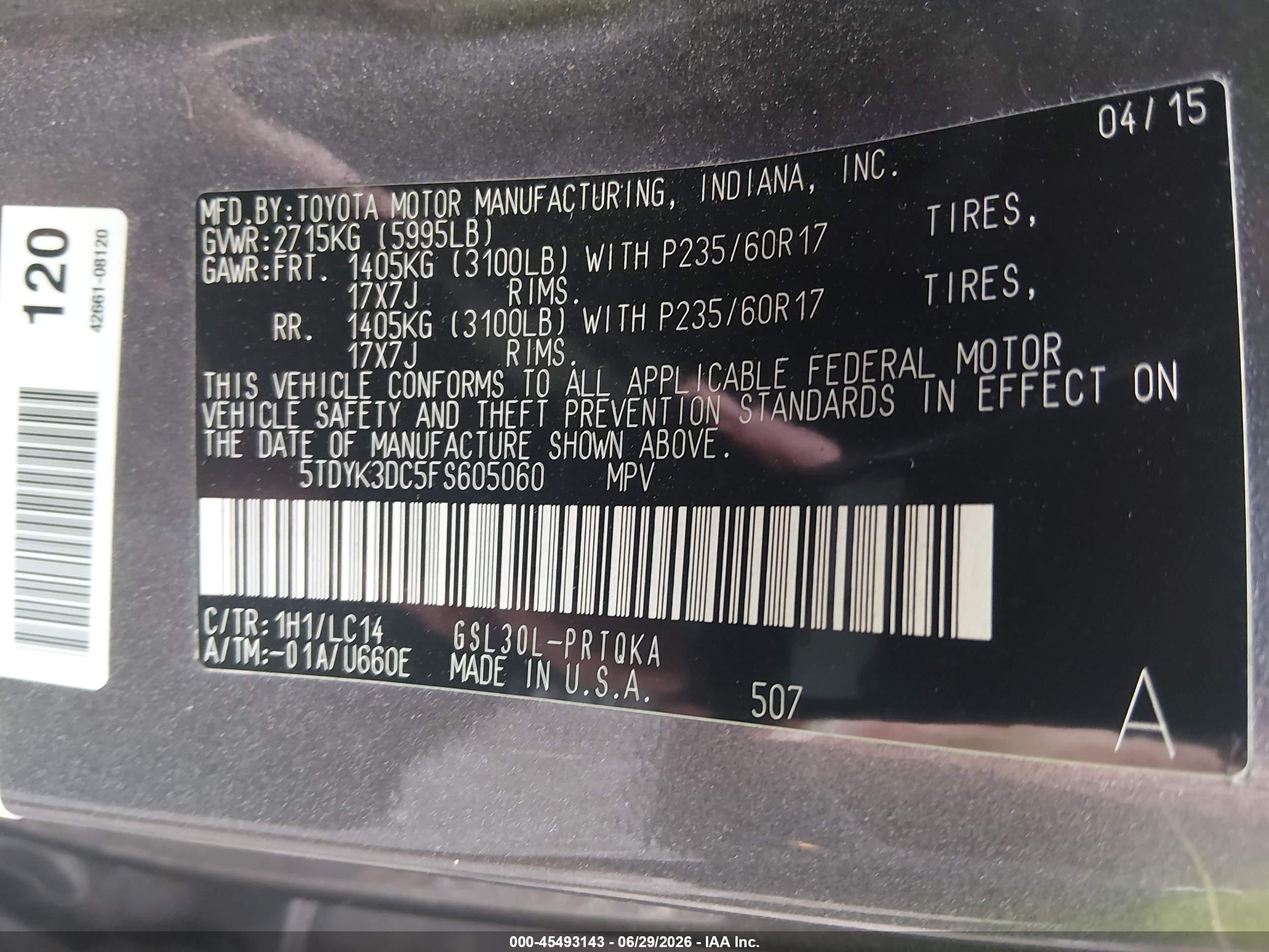 2015 Toyota Sienna Xle 8 Passenger Серый vin: 5TDYK3DC5FS605060