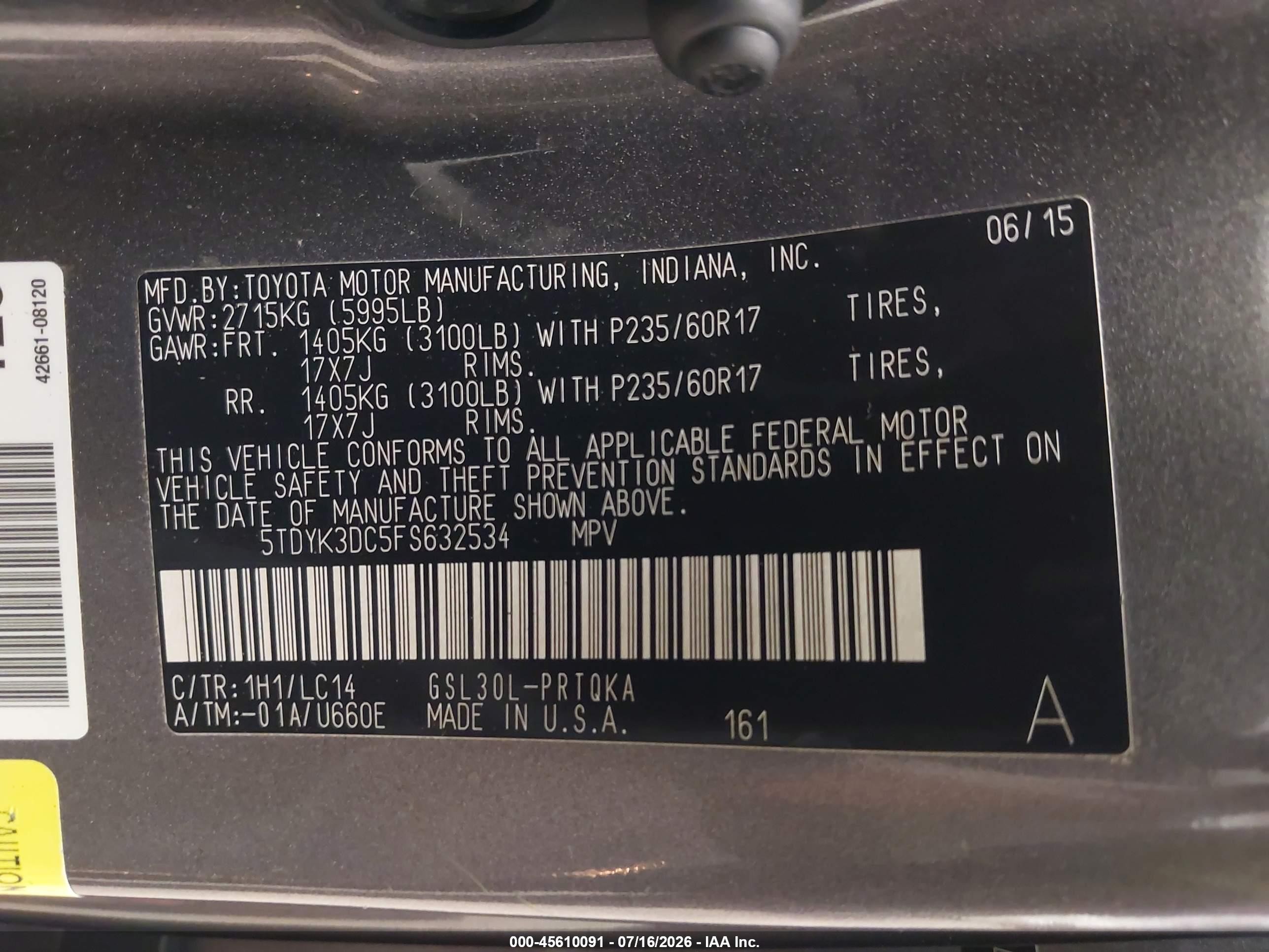 2015 Toyota Sienna Xle Premium 8 Passenger Gray vin: 5TDYK3DC5FS632534