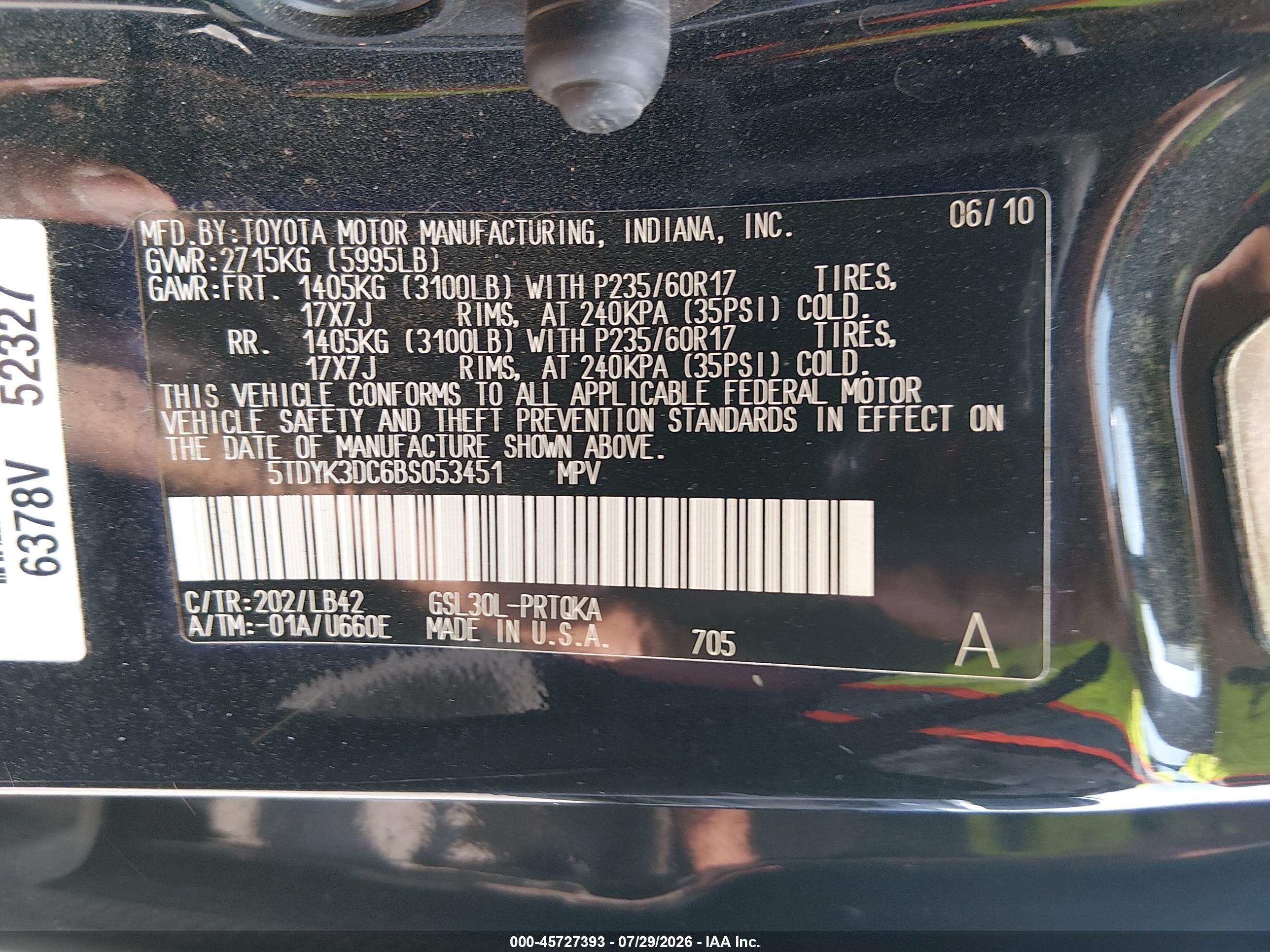 2011 Toyota Sienna Xle V6 Black vin: 5TDYK3DC6BS053451