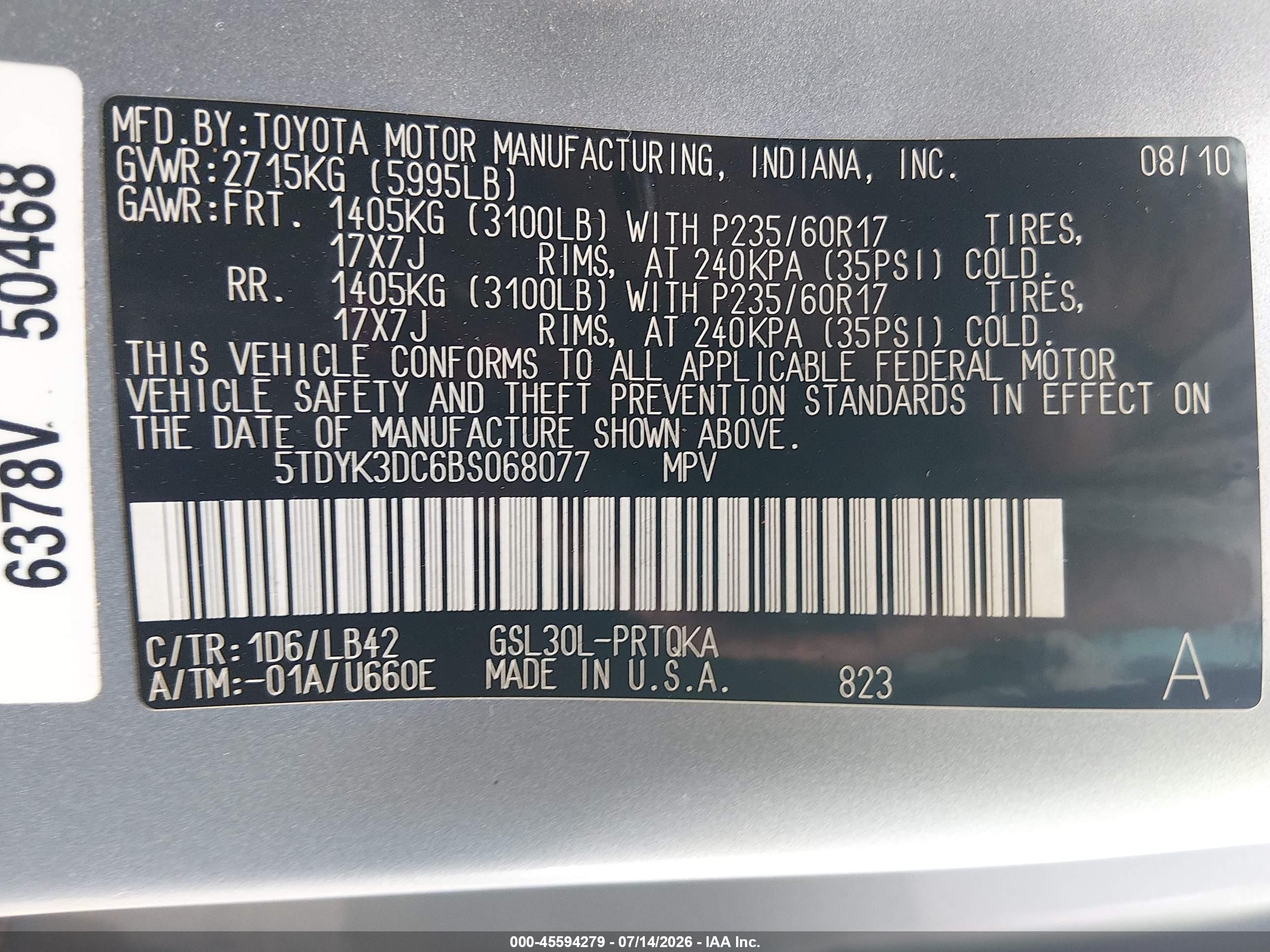 2011 Toyota Sienna Xle V6 Серый vin: 5TDYK3DC6BS068077