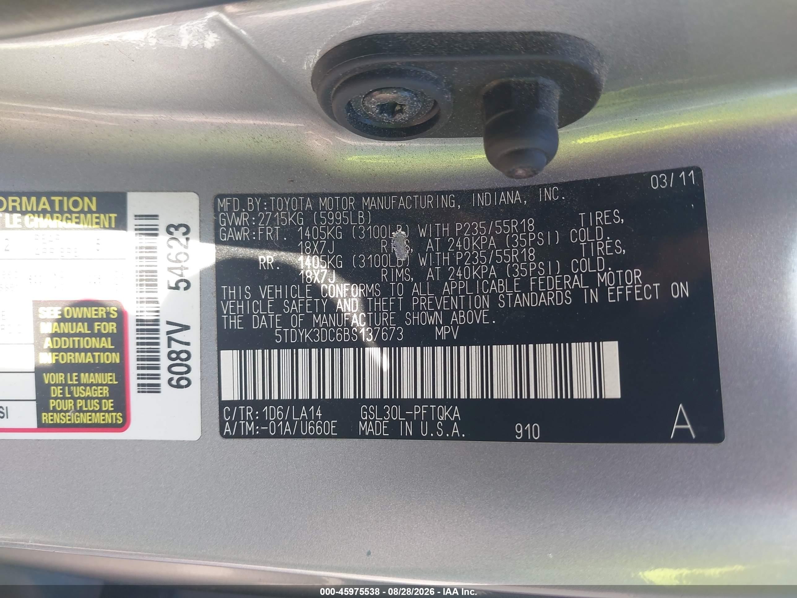 2011 Toyota Sienna Ltd Silver vin: 5TDYK3DC6BS137673