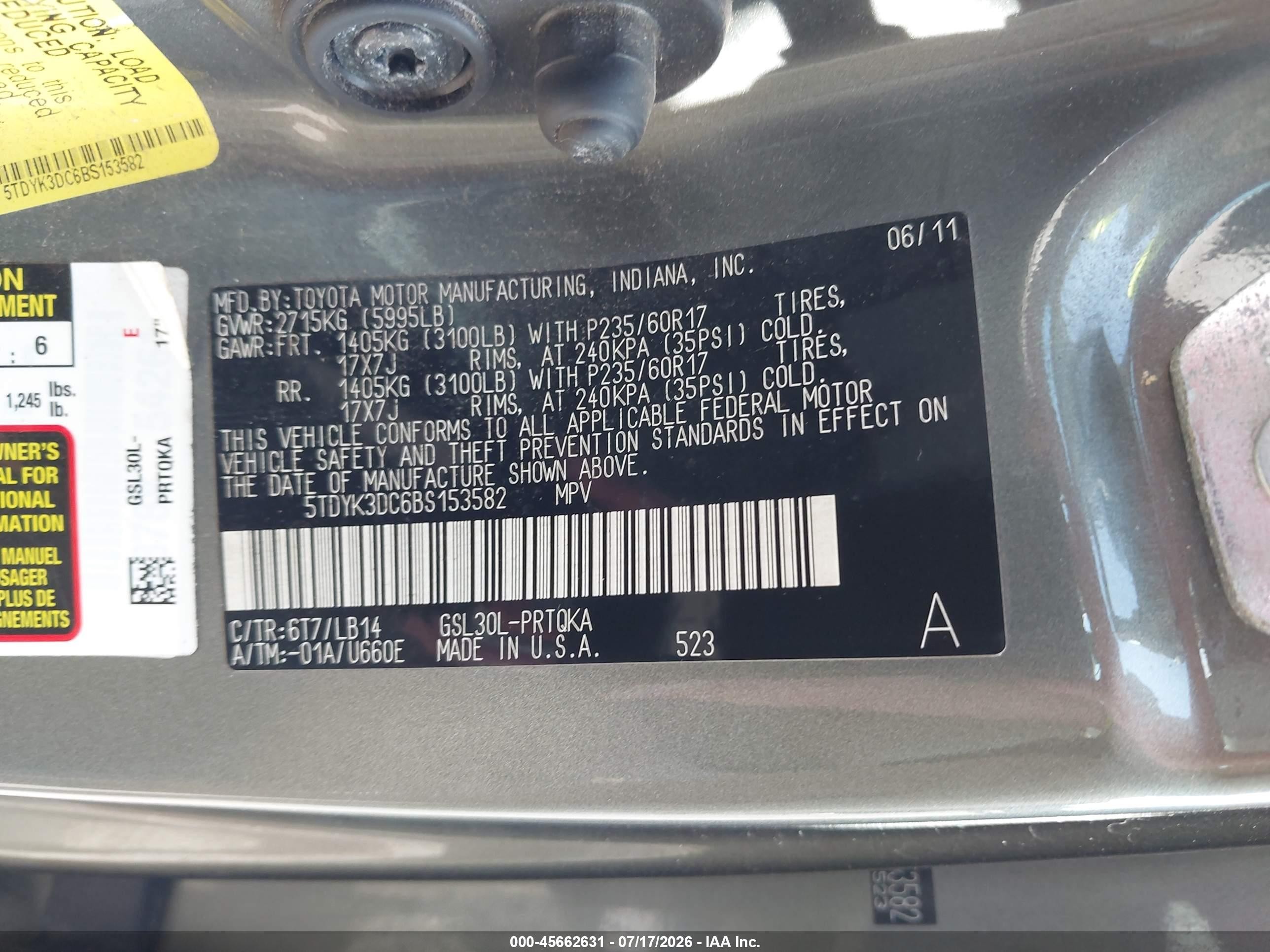 2011 Toyota Sienna Xle V6 Серый vin: 5TDYK3DC6BS153582