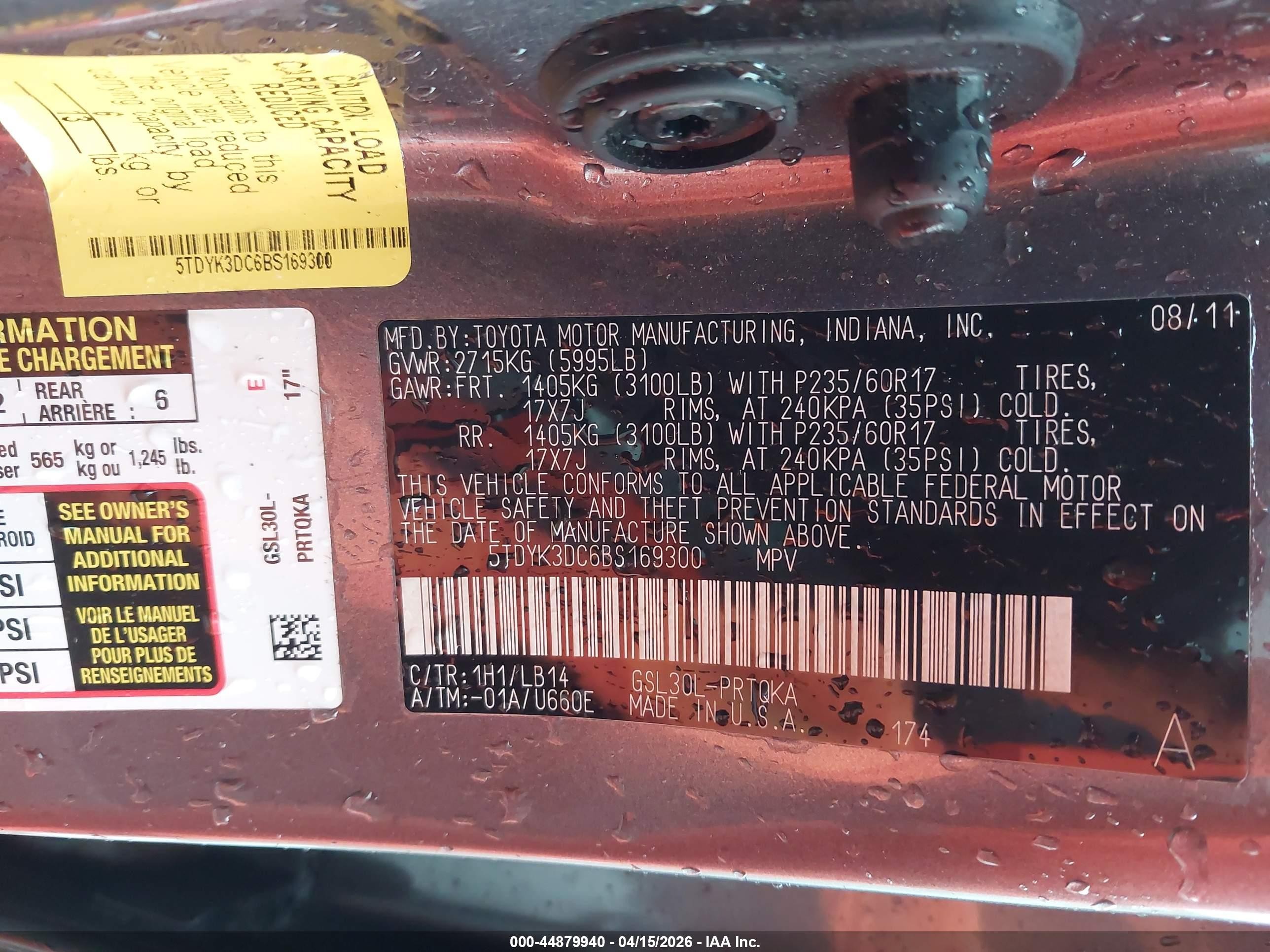 2011 Toyota Sienna Xle V6 Серый vin: 5TDYK3DC6BS169300