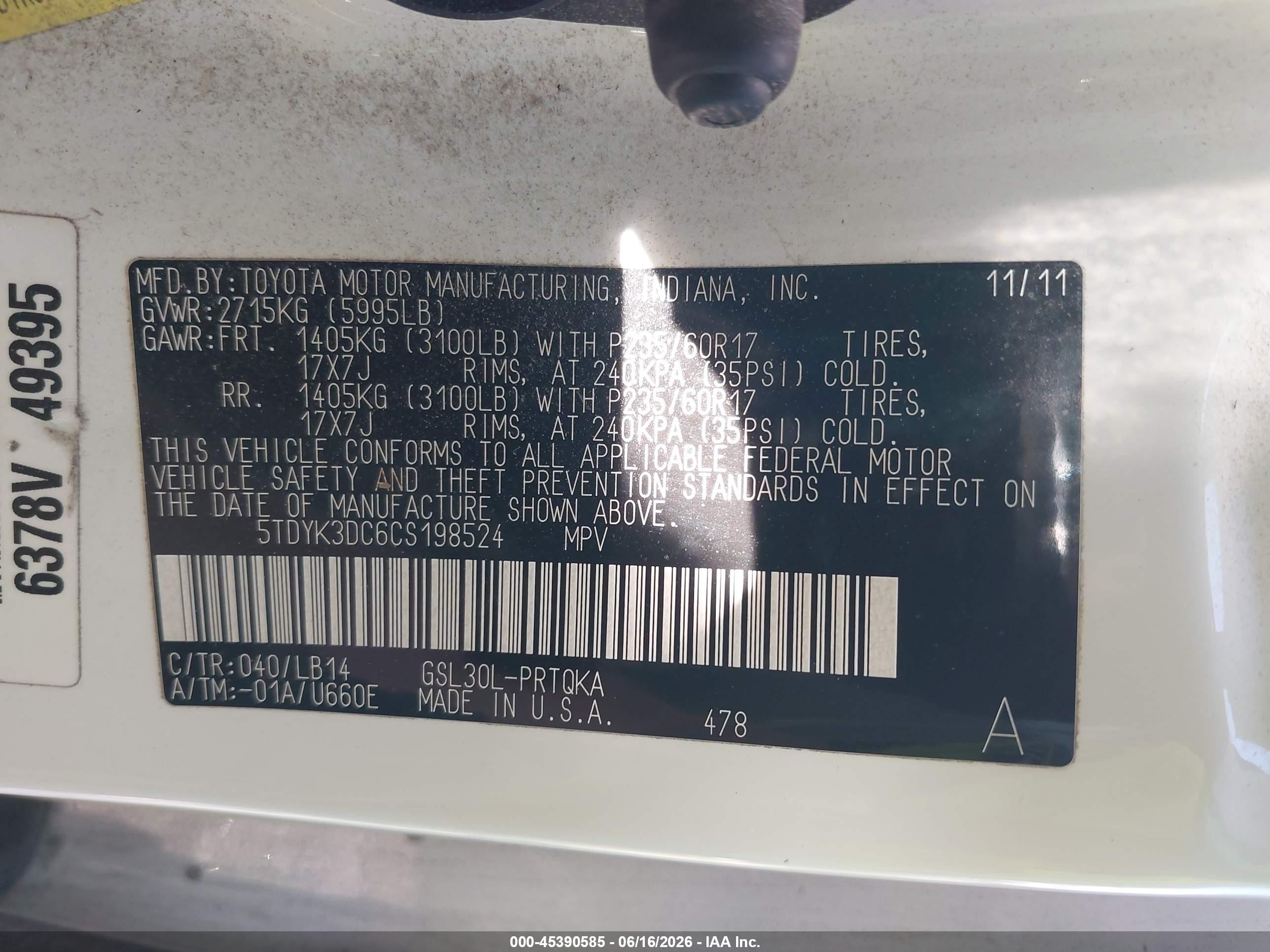 2012 Toyota Sienna Xle V6 8 Passenger Белый vin: 5TDYK3DC6CS198524