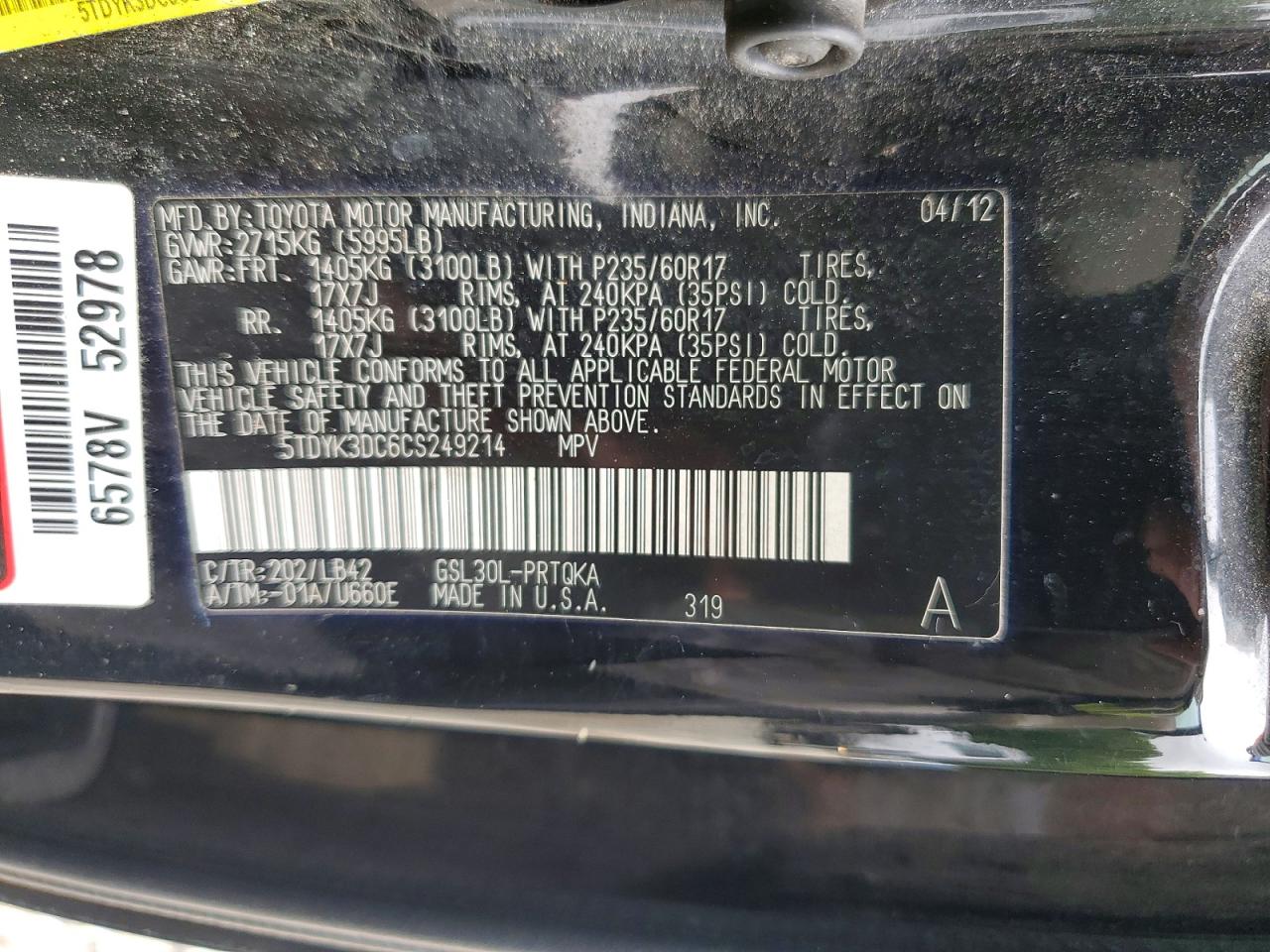 2012 Toyota Sienna Xle 8-passenger Black vin: 5TDYK3DC6CS249214