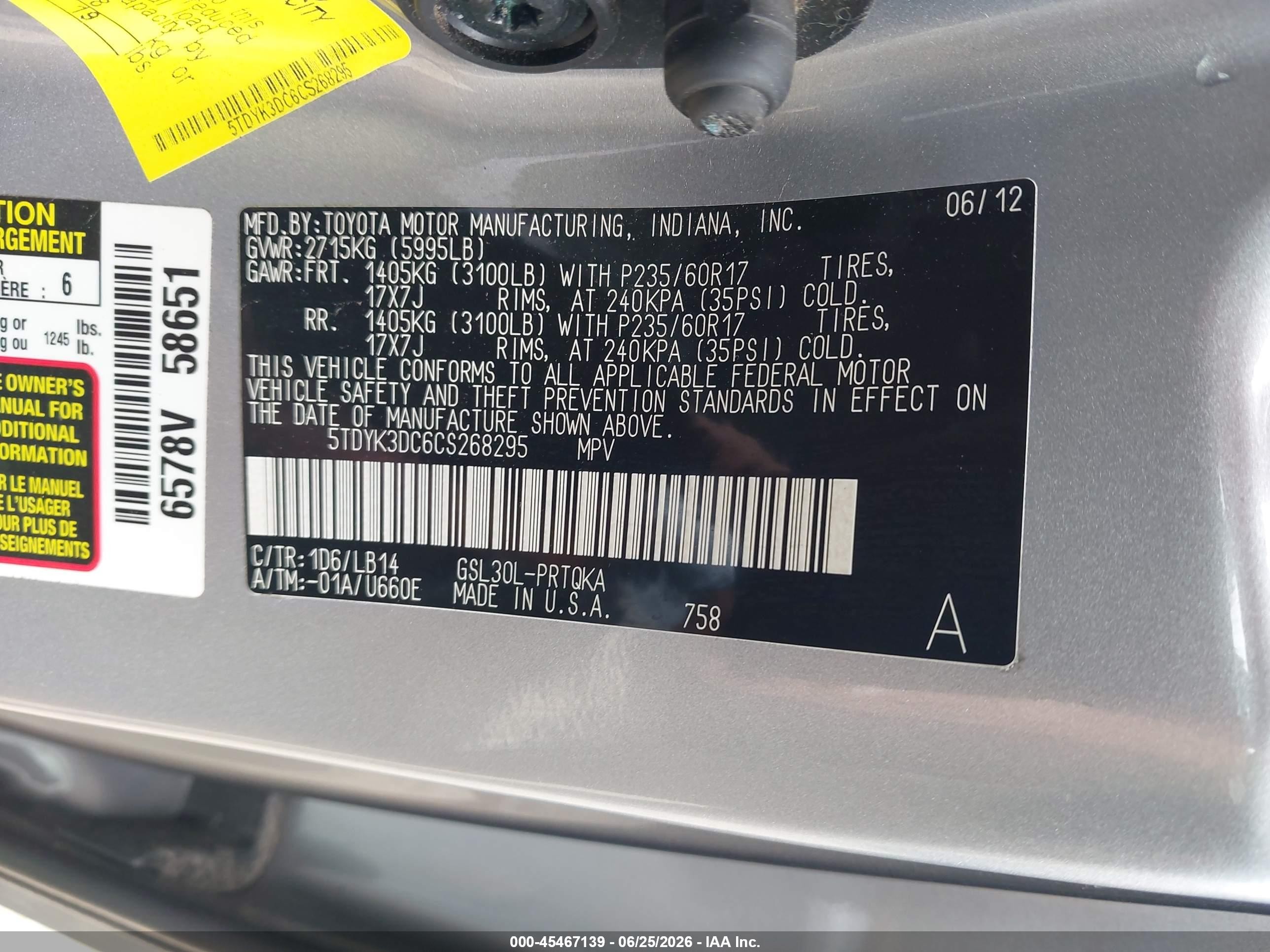 2012 Toyota Sienna Xle V6 8 Passenger Silver vin: 5TDYK3DC6CS268295