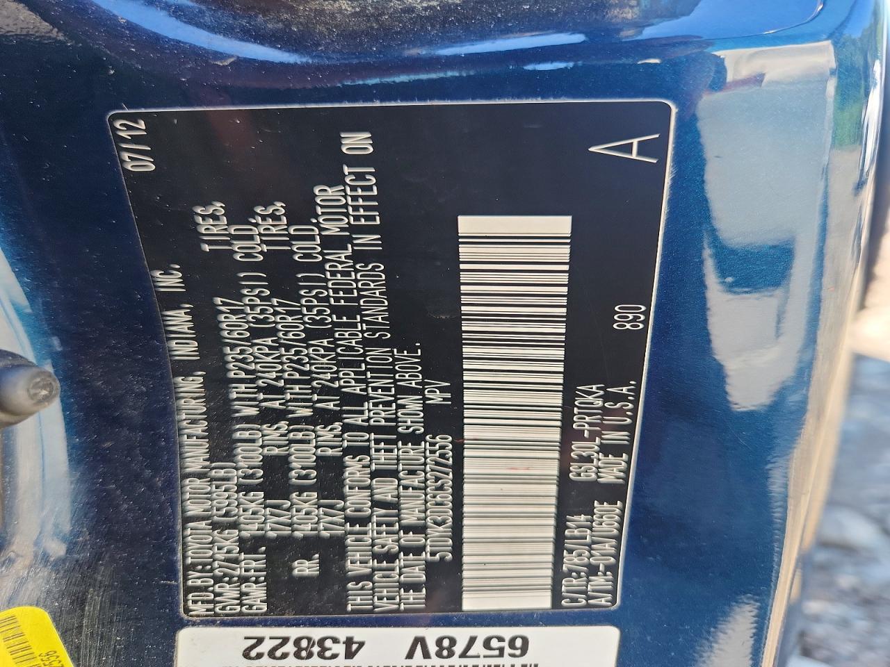 2012 Toyota Sienna Xle 8-passenger Blue vin: 5TDYK3DC6CS272556
