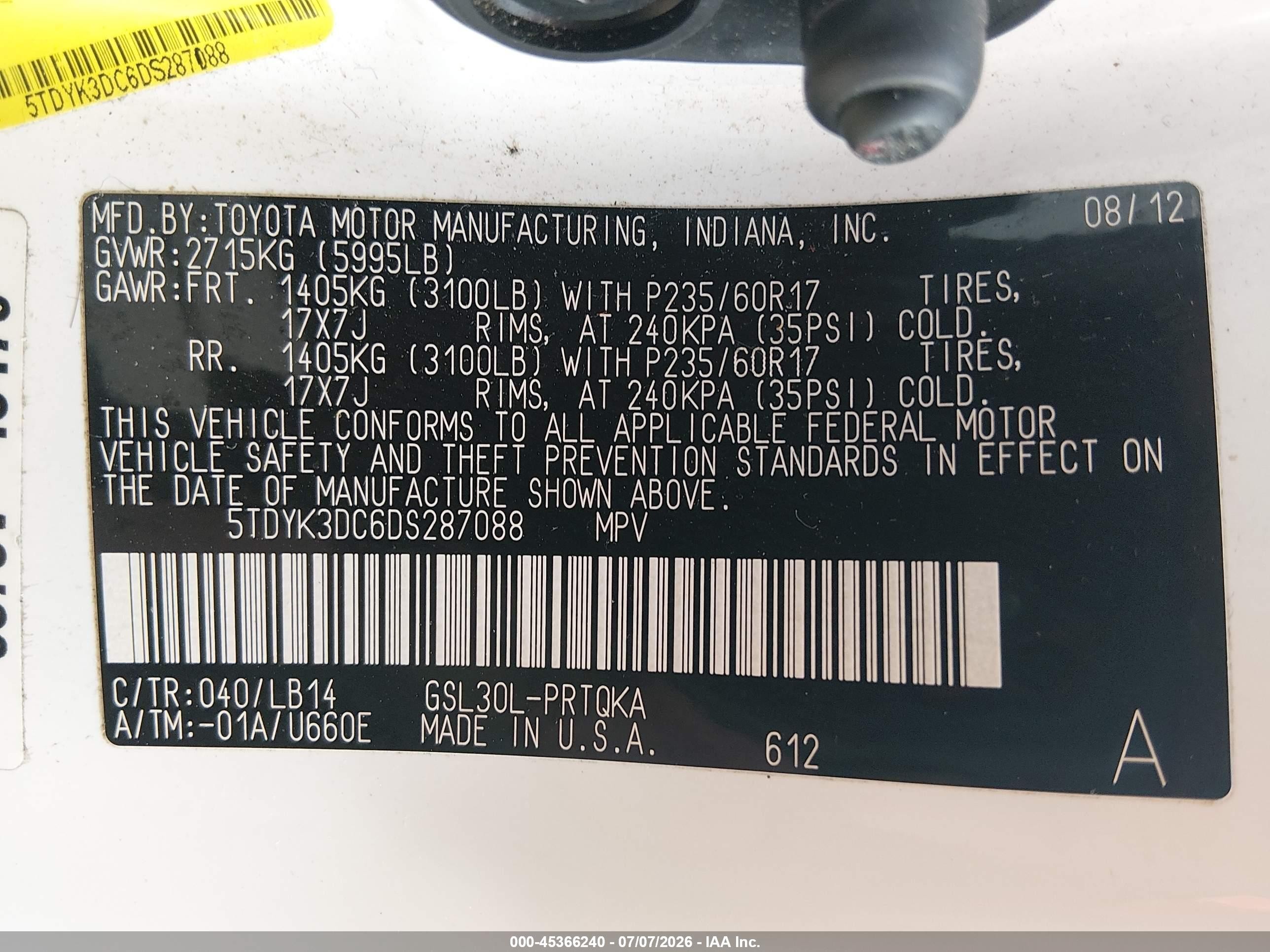 2013 Toyota Sienna Xle/limited White vin: 5TDYK3DC6DS287088