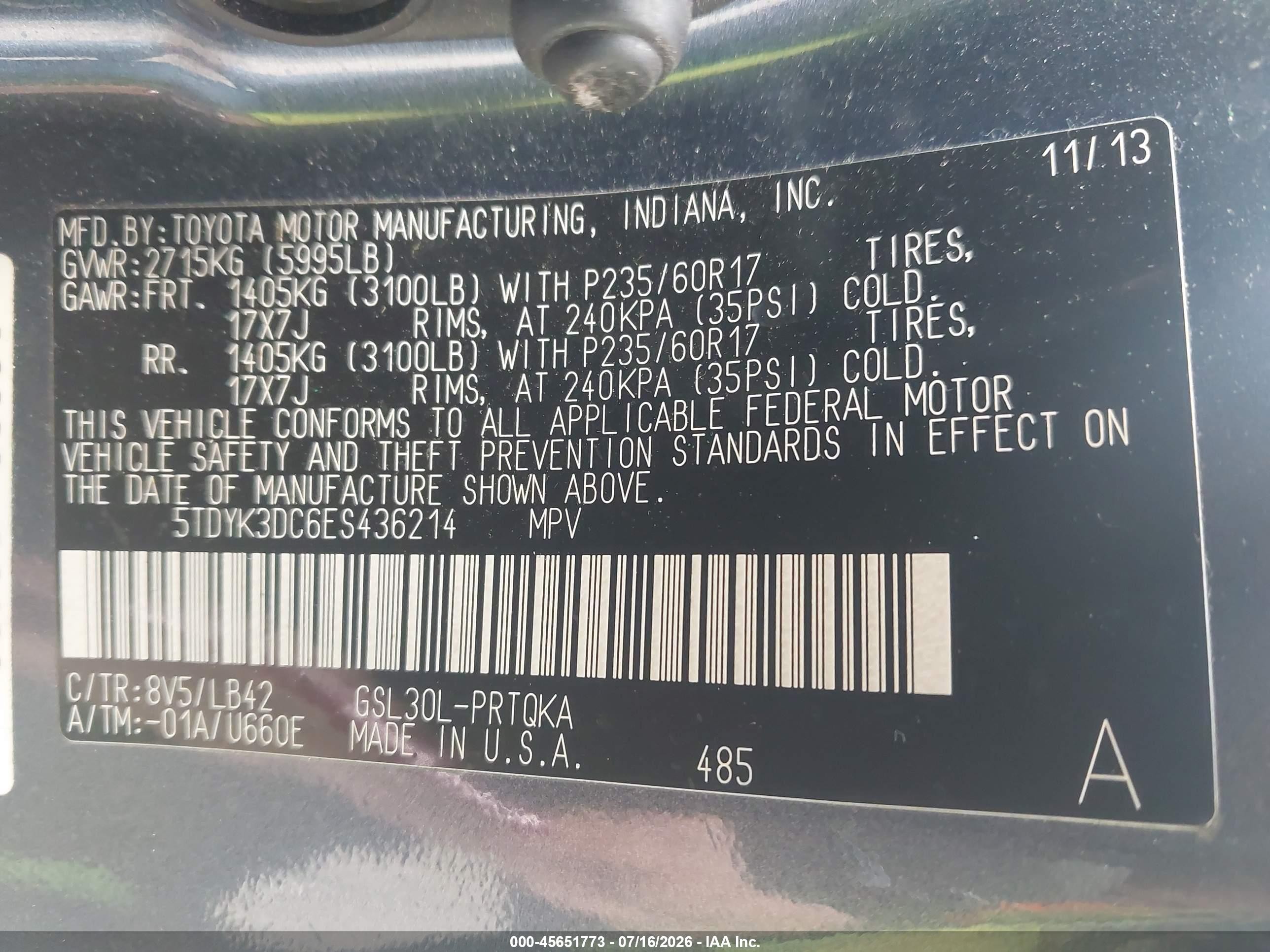 2014 Toyota Sienna Xle V6 8 Passenger Blue vin: 5TDYK3DC6ES436214
