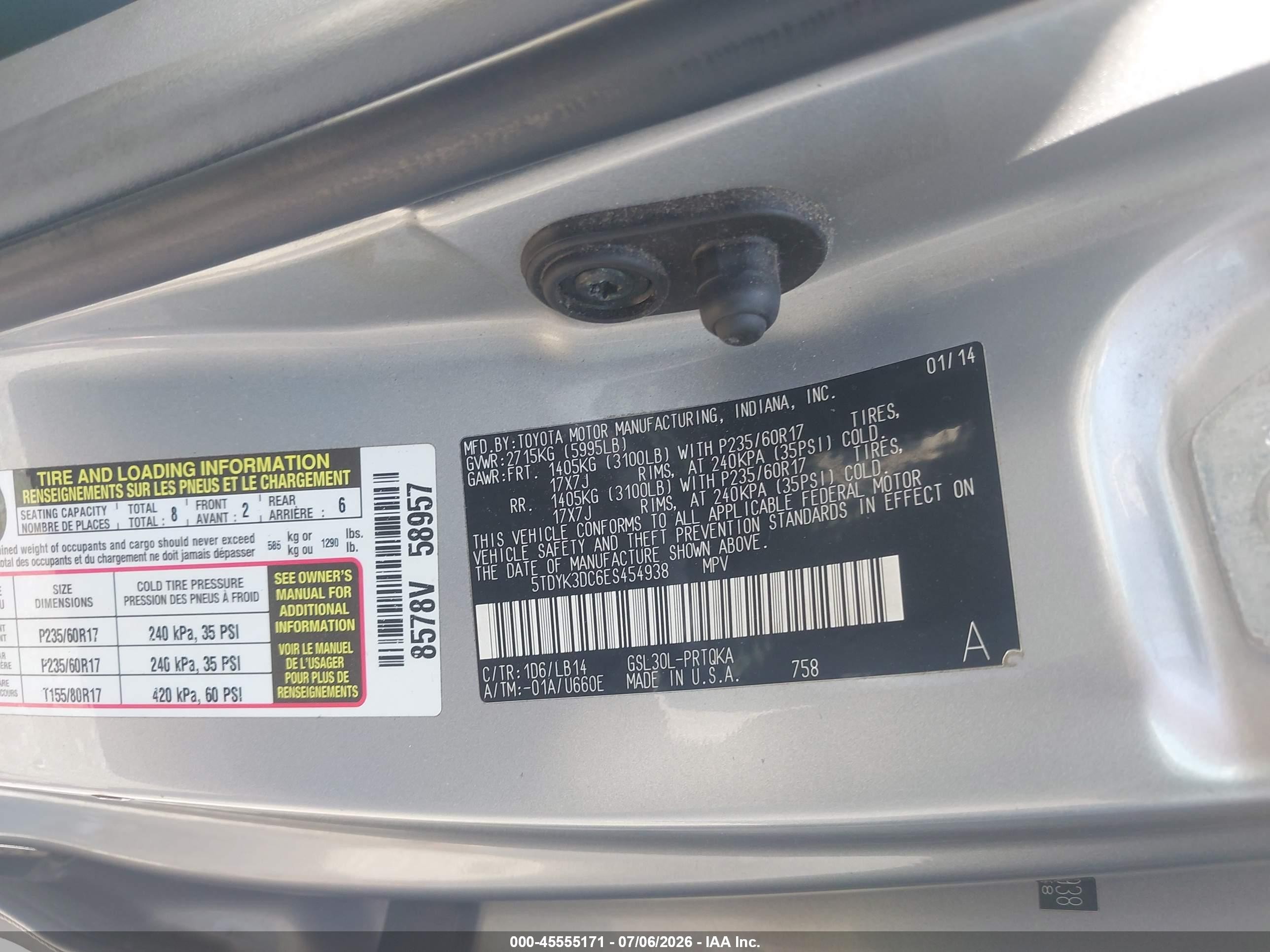 2014 Toyota Sienna Xle V6 8 Passenger Silver vin: 5TDYK3DC6ES454938