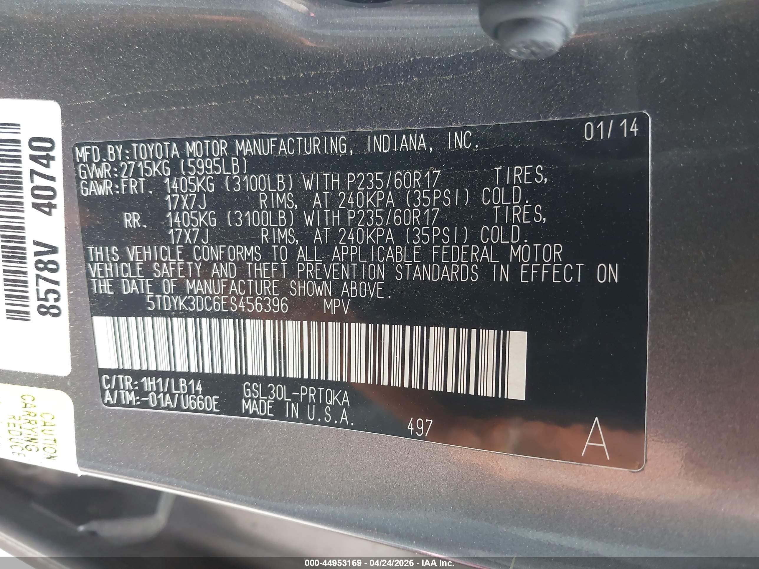 2014 Toyota Sienna Xle V6 8 Passenger Gray vin: 5TDYK3DC6ES456396
