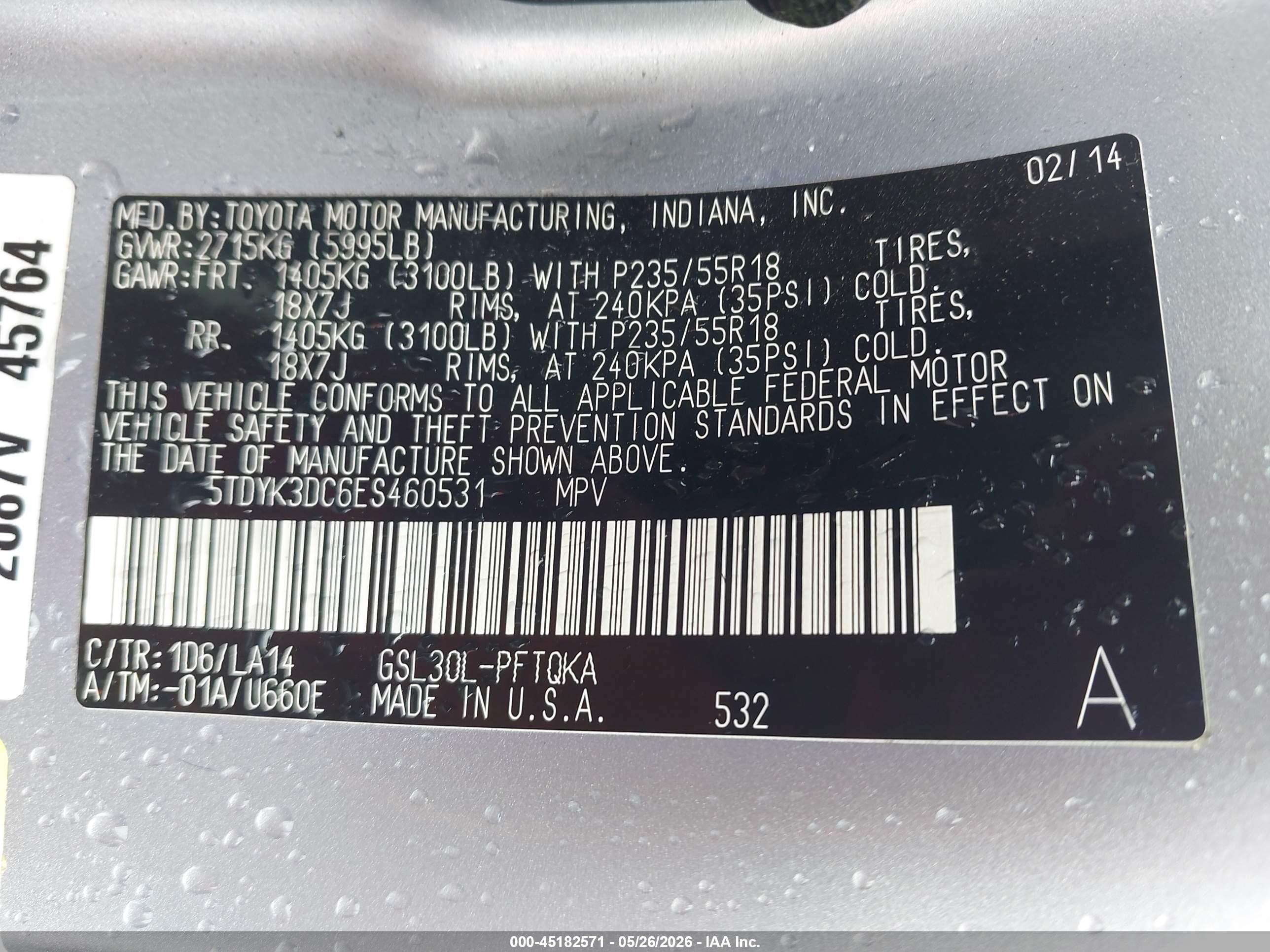 2014 Toyota Sienna Limited V6 7 Passenger Бирюзовый vin: 5TDYK3DC6ES460531
