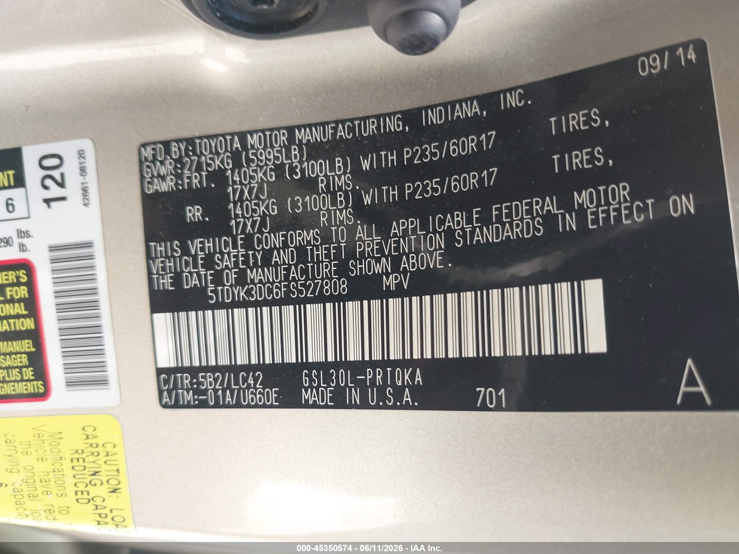 2015 Toyota Sienna Xle 8 Passenger Silver vin: 5TDYK3DC6FS527808