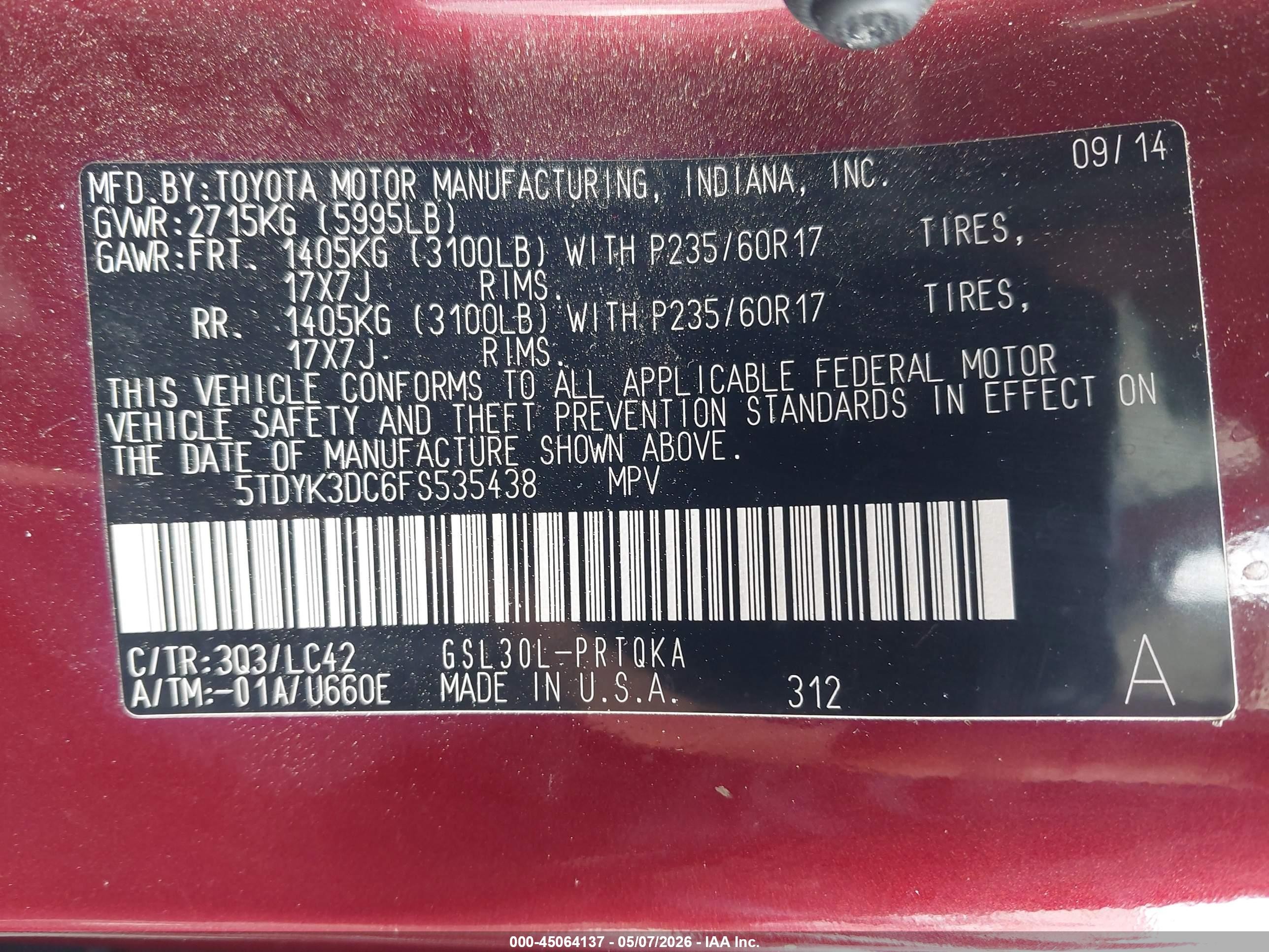 2015 Toyota Sienna Xle 8 Passenger Red vin: 5TDYK3DC6FS535438
