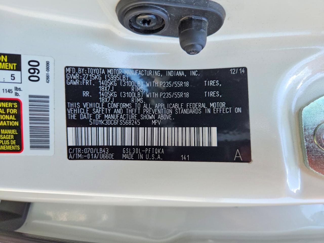 2015 Toyota Sienna Limited Premium 7-passenger Белый vin: 5TDYK3DC6FS568245
