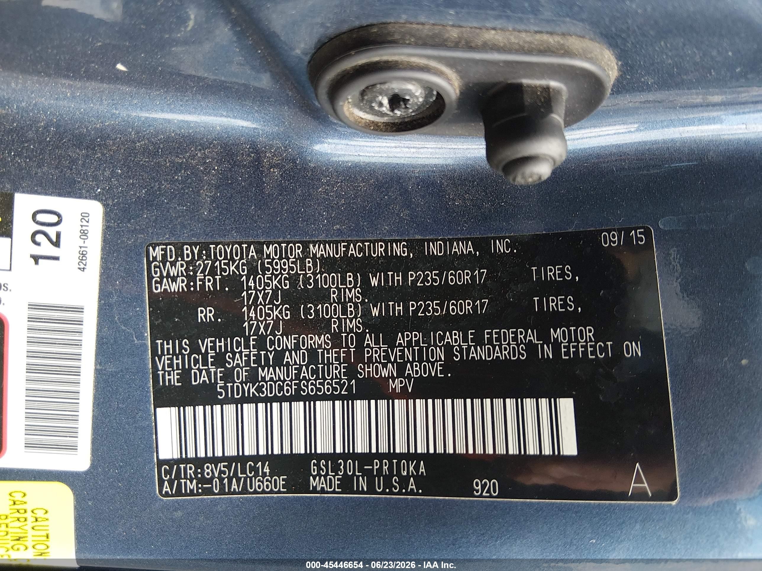 2015 Toyota Sienna Xle 8 Passenger Green vin: 5TDYK3DC6FS656521
