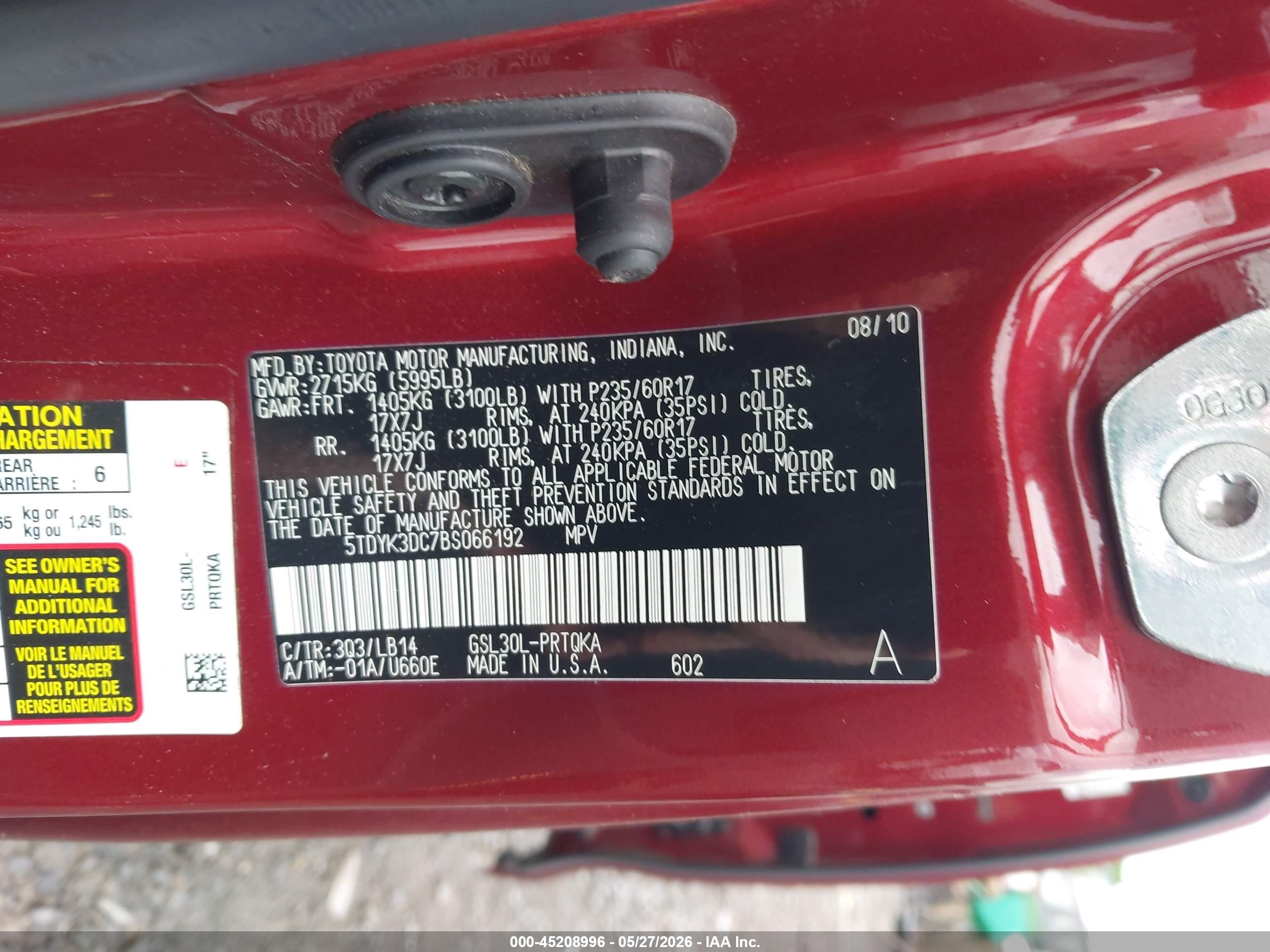 2011 Toyota Sienna Xle V6 Red vin: 5TDYK3DC7BS066192