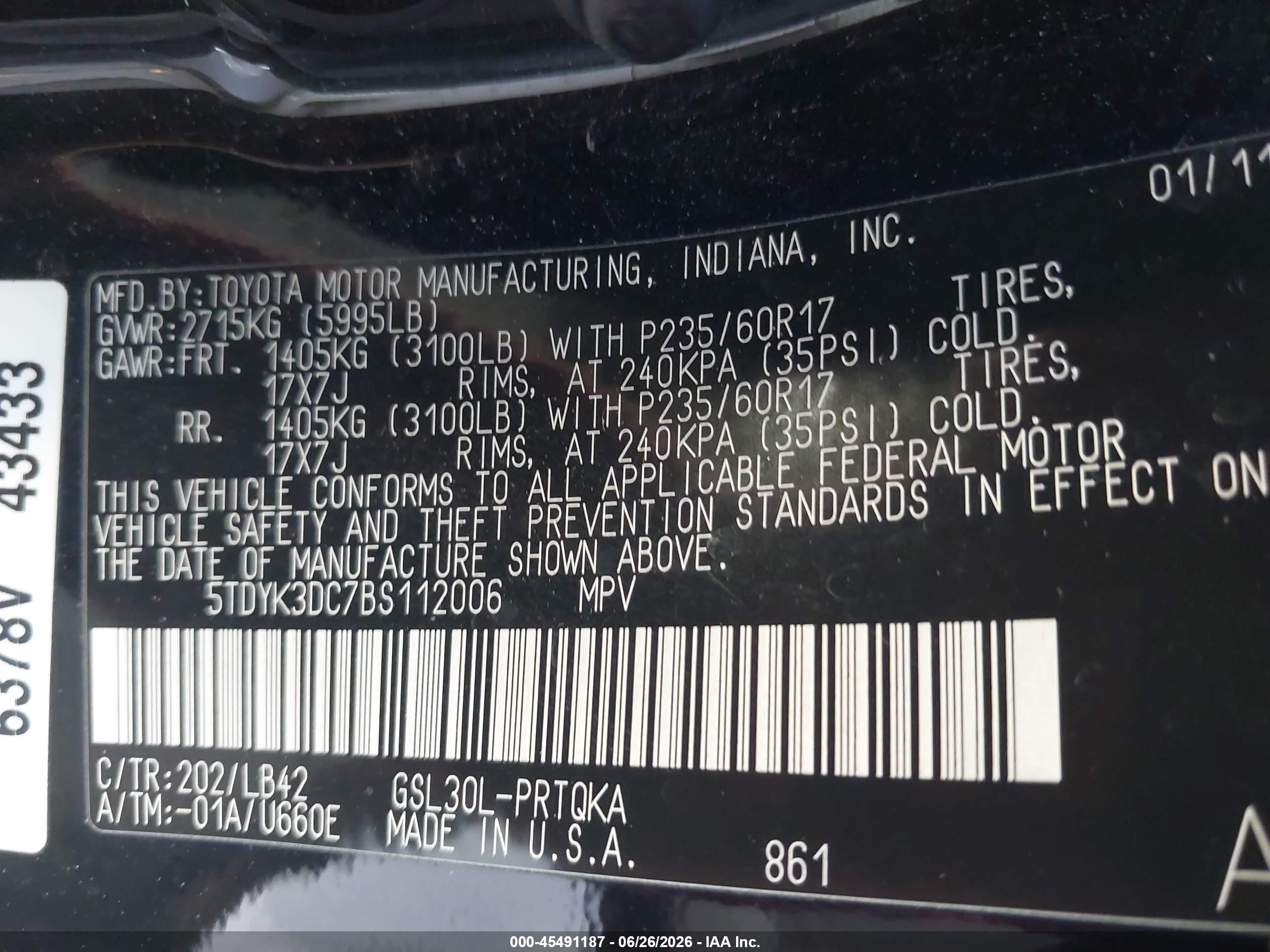 2011 Toyota Sienna Xle V6 Black vin: 5TDYK3DC7BS112006
