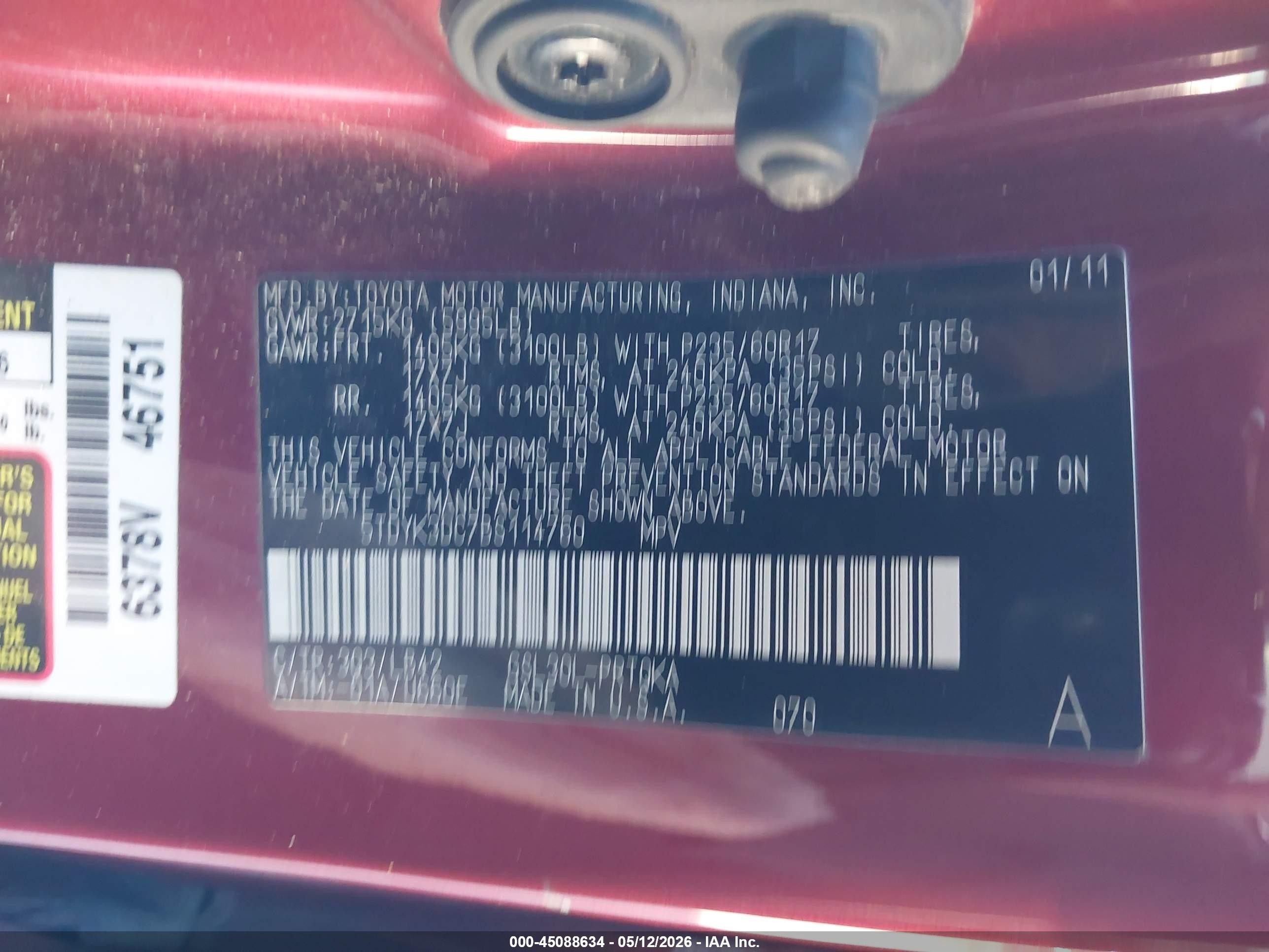 2011 Toyota Sienna Xle V6 Burgundy vin: 5TDYK3DC7BS114760