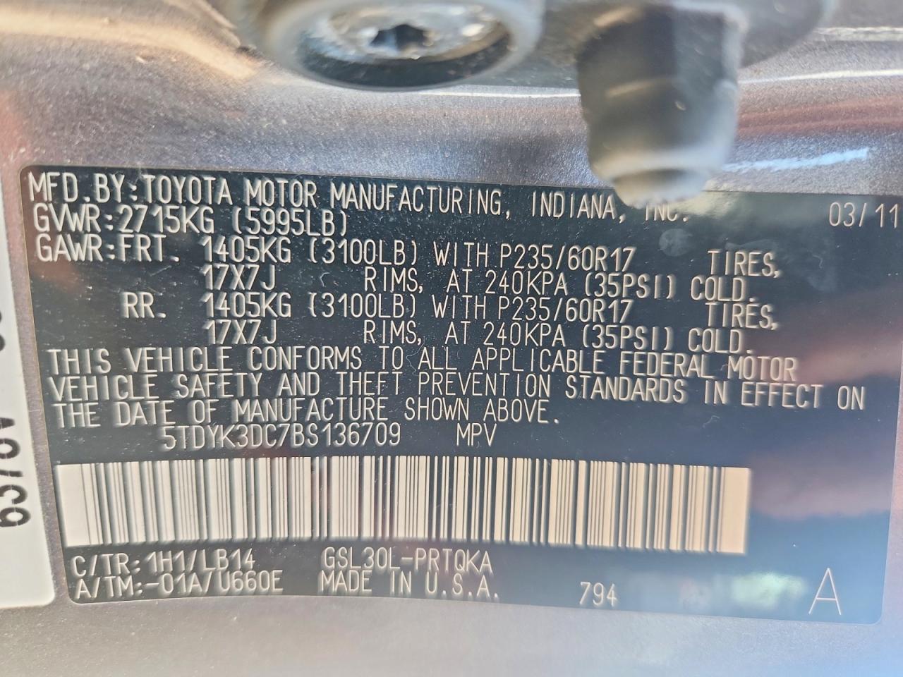 2011 Toyota Sienna Xle 8-passenger Gray vin: 5TDYK3DC7BS136709