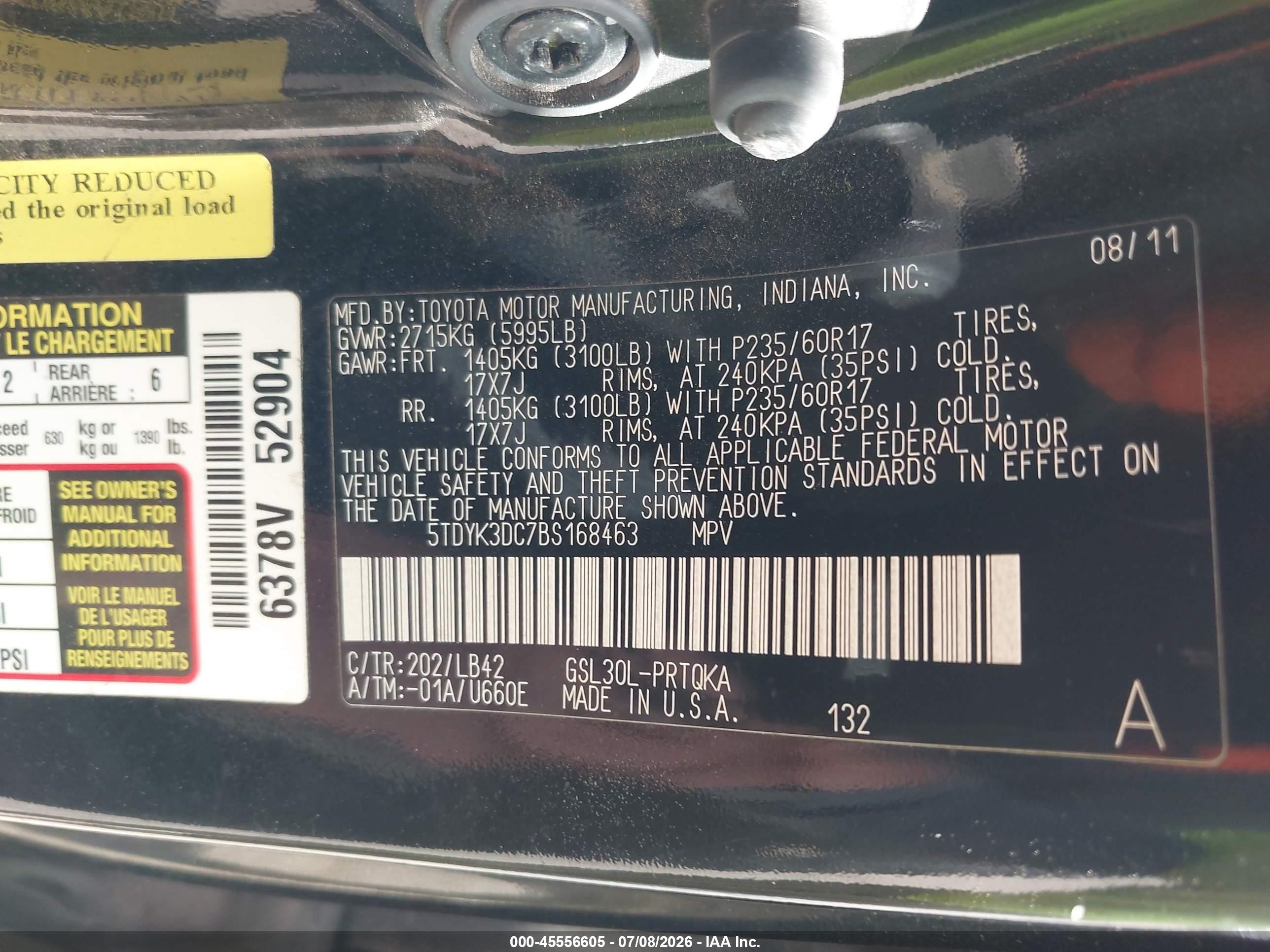 2011 Toyota Sienna Xle V6 Black vin: 5TDYK3DC7BS168463