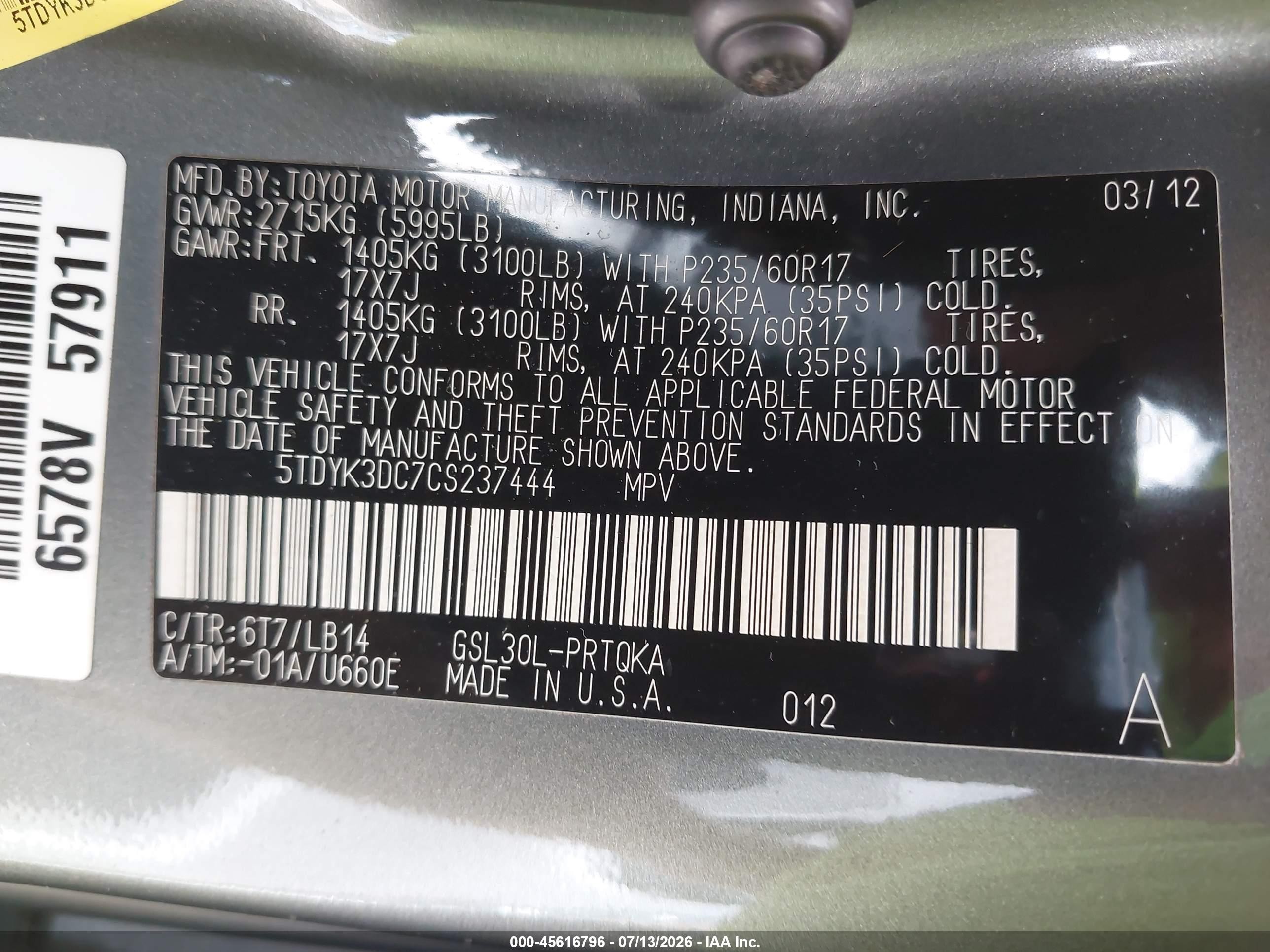 2012 Toyota Sienna Xle V6 8 Passenger Gray vin: 5TDYK3DC7CS237444
