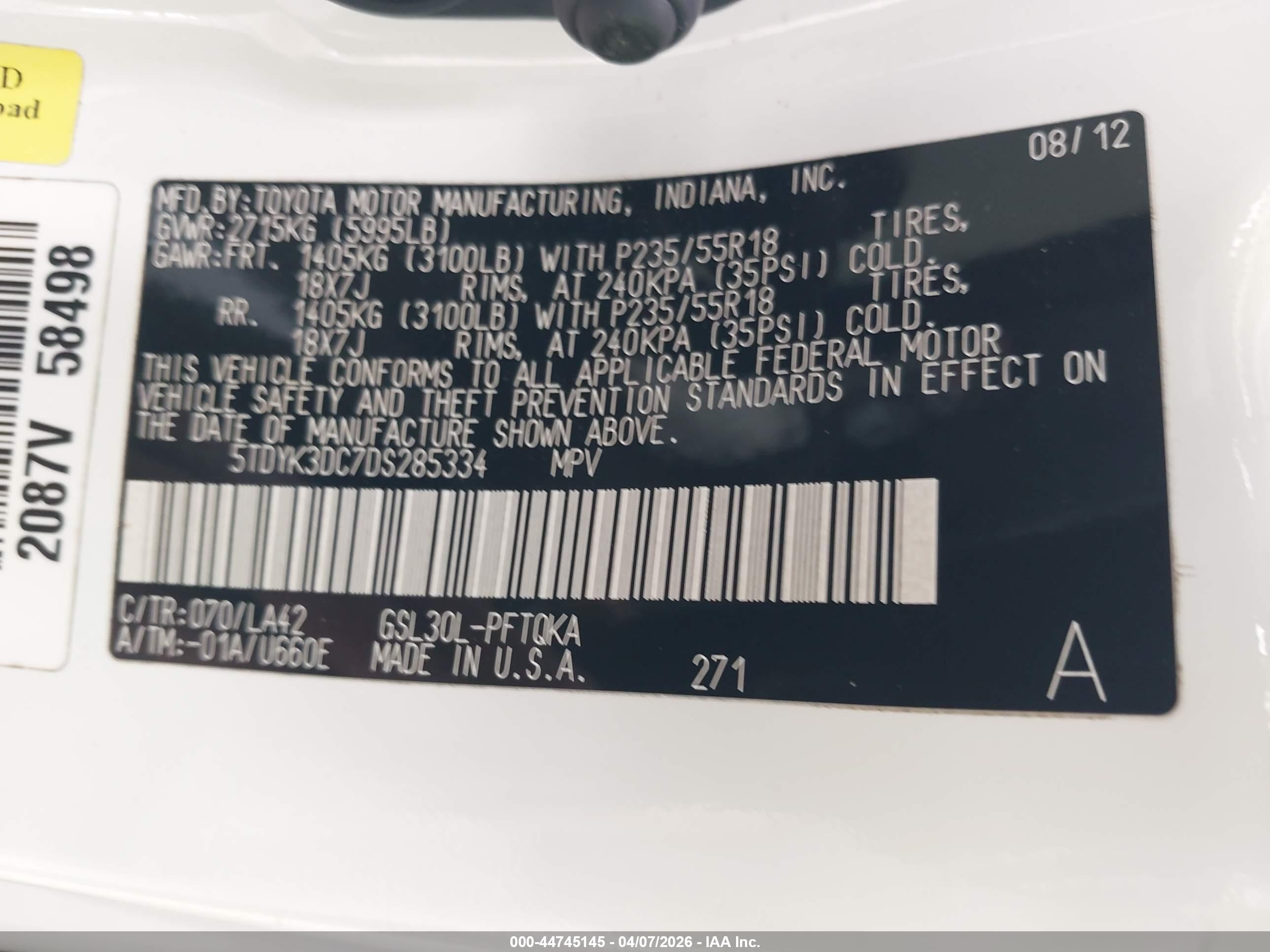 2013 Toyota Sienna Limited V6 7 Passenger White vin: 5TDYK3DC7DS285334